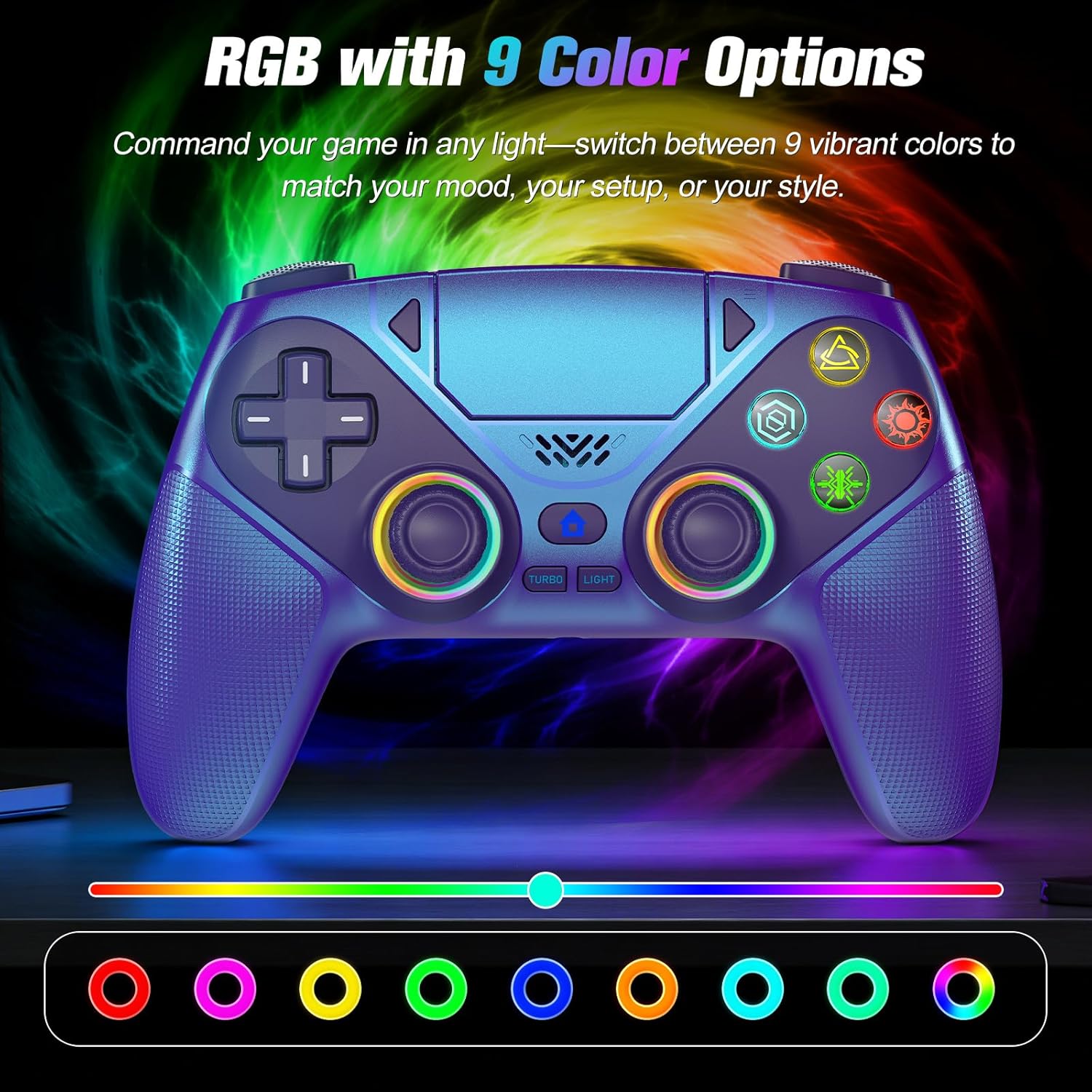 Detalle 2 de Dinosoo RGB Wireless Controller for PS5/PC – Turbo, Macro, Dual Vibration, 6-Axis Motion, 3.5mm Audio Jack & 1000mAh Battery