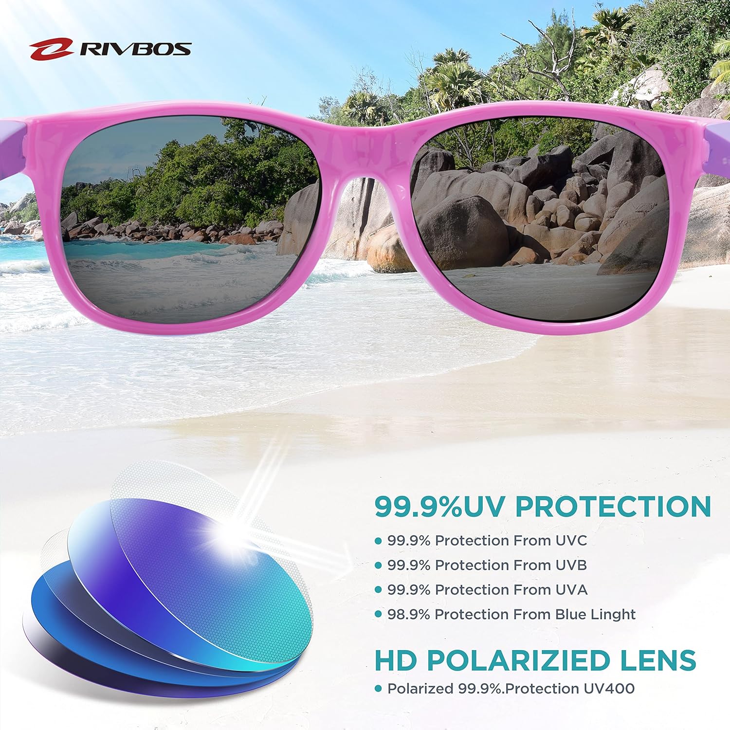 Thumbnail 2 de RIVBOS Kids Sunglasses RBK004-2 with Polarised Lenses, UV Protection and Glasses Strap (age 3–10)