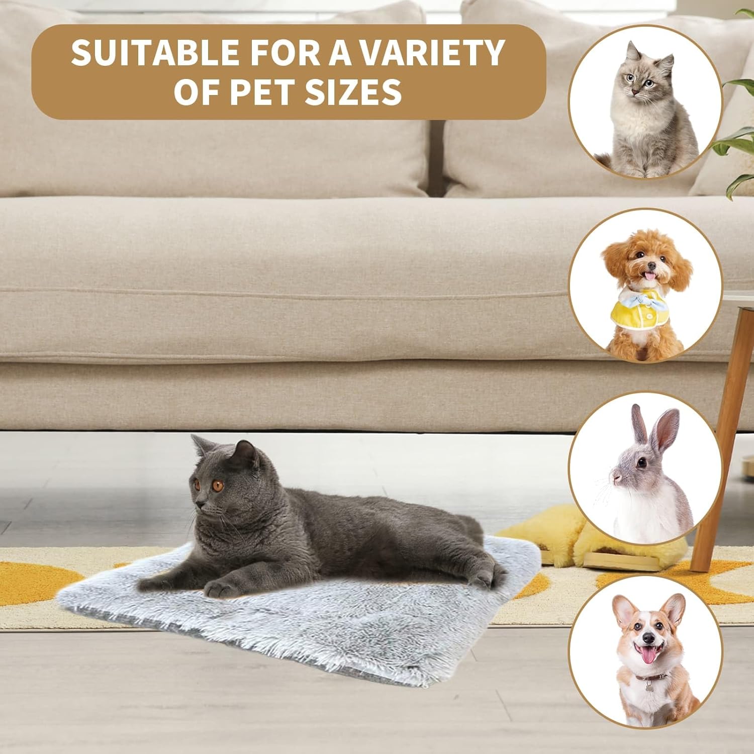 Detalle de Self-Warming Cat and Dog Mat - Fluffy Plush Bed Nest with Foldable Heating Cushion (Gray, 61x51cm)