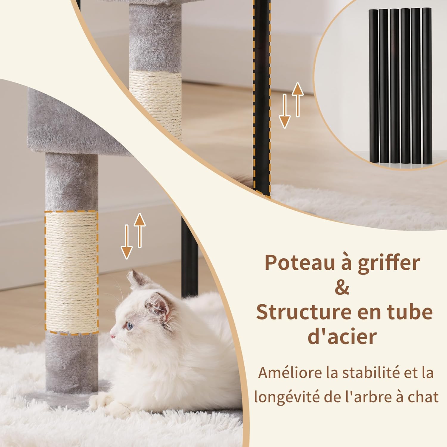 Detalle de Heybly Arbre à chat HCT200SW gris clair : petit arbre rascador avec niche et plateformes