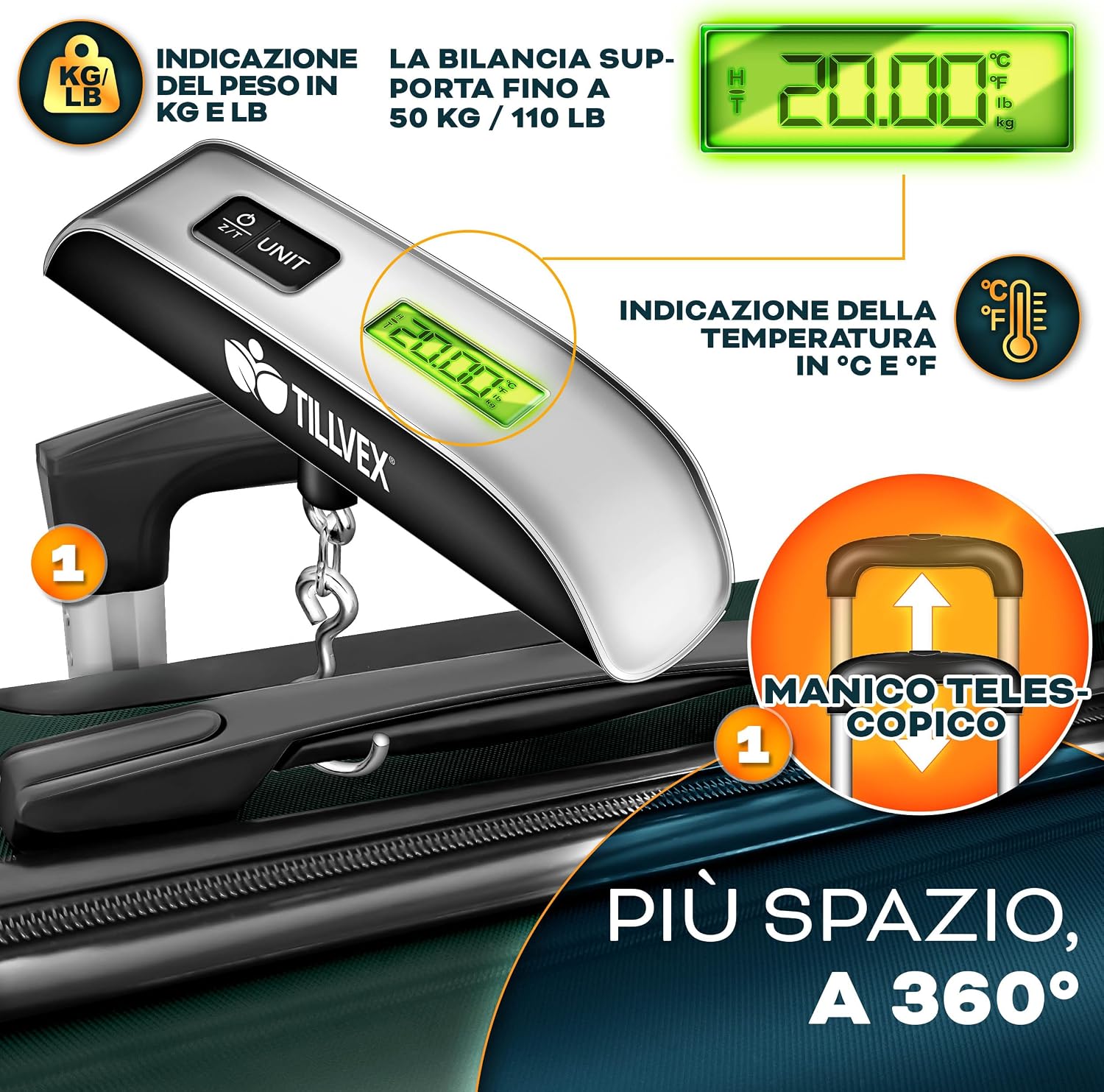 Detalle de Tillvex Set di valigie rigide 3 pezzi con bilancia, TSA e accessori – verde militare