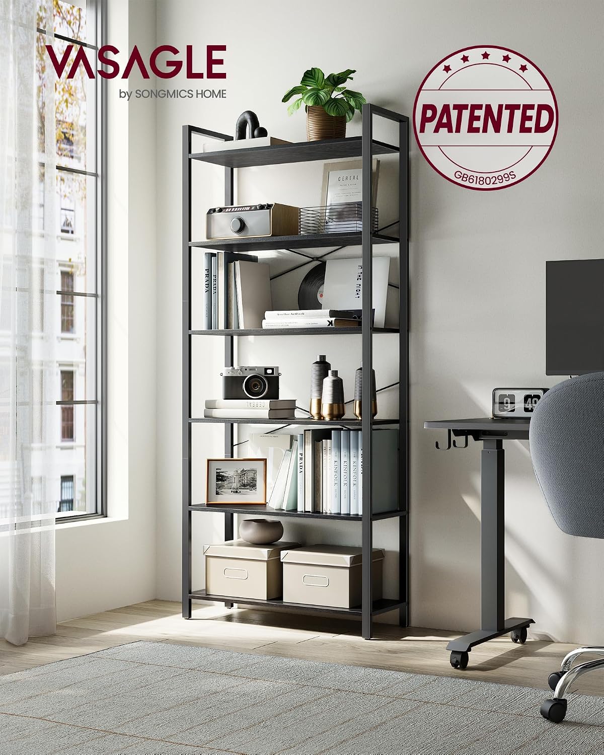 Detalle 2 de VASAGLE BARNET LLS082B56 6-Tier Bookshelf, Black Steel and Engineered Wood