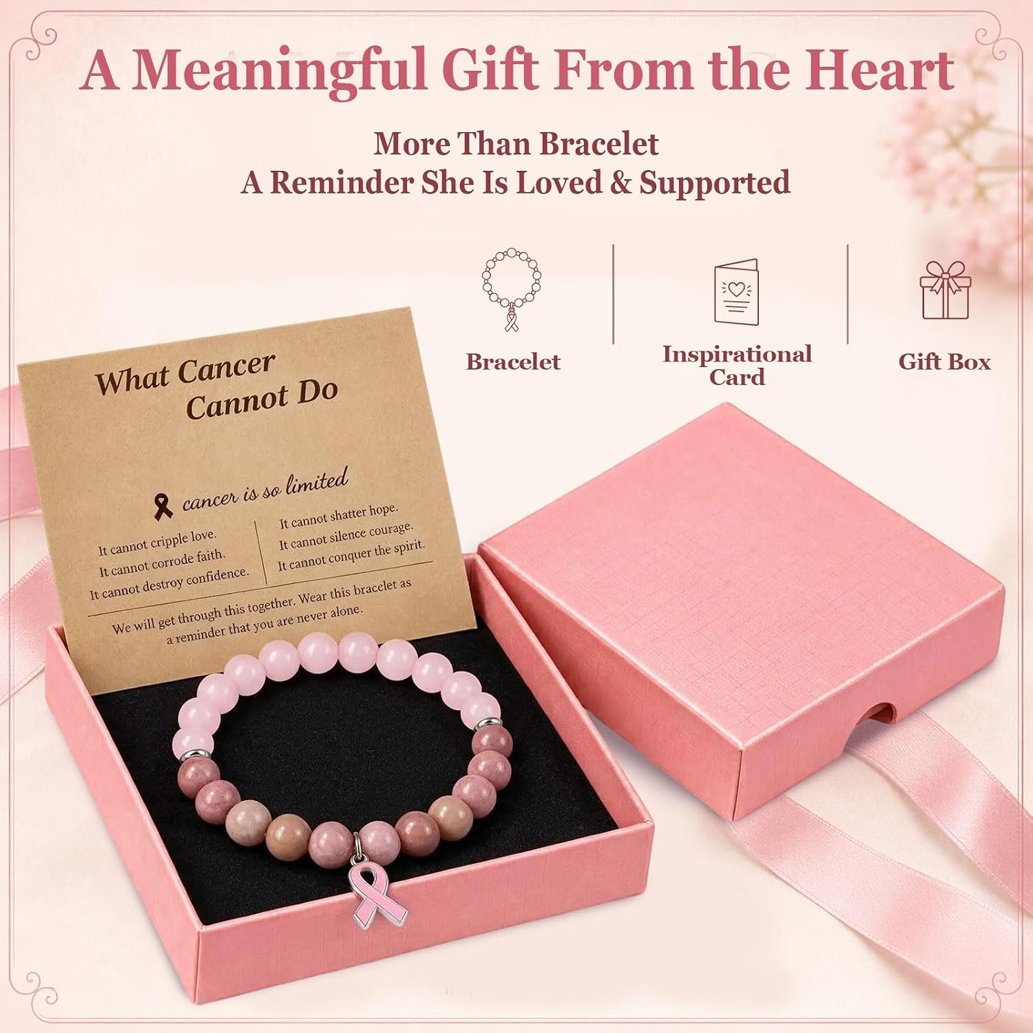 Detalle 2 de Pink Ribbon Bracelet with Natural Stone Beads