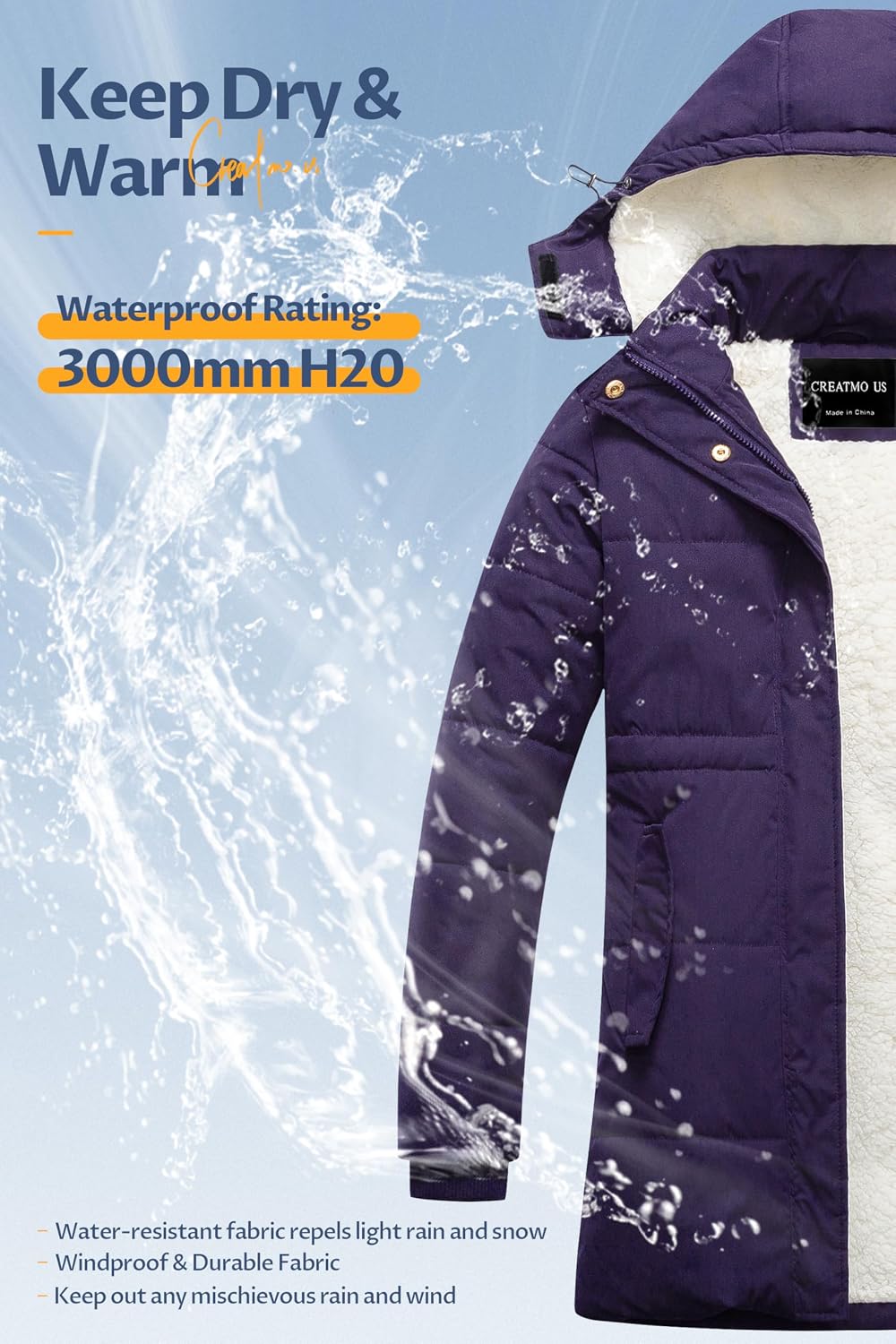 Detalle 2 de CREATMO US Women's Sherpa Winter Parka with Removable Hood and Adjustable Waist