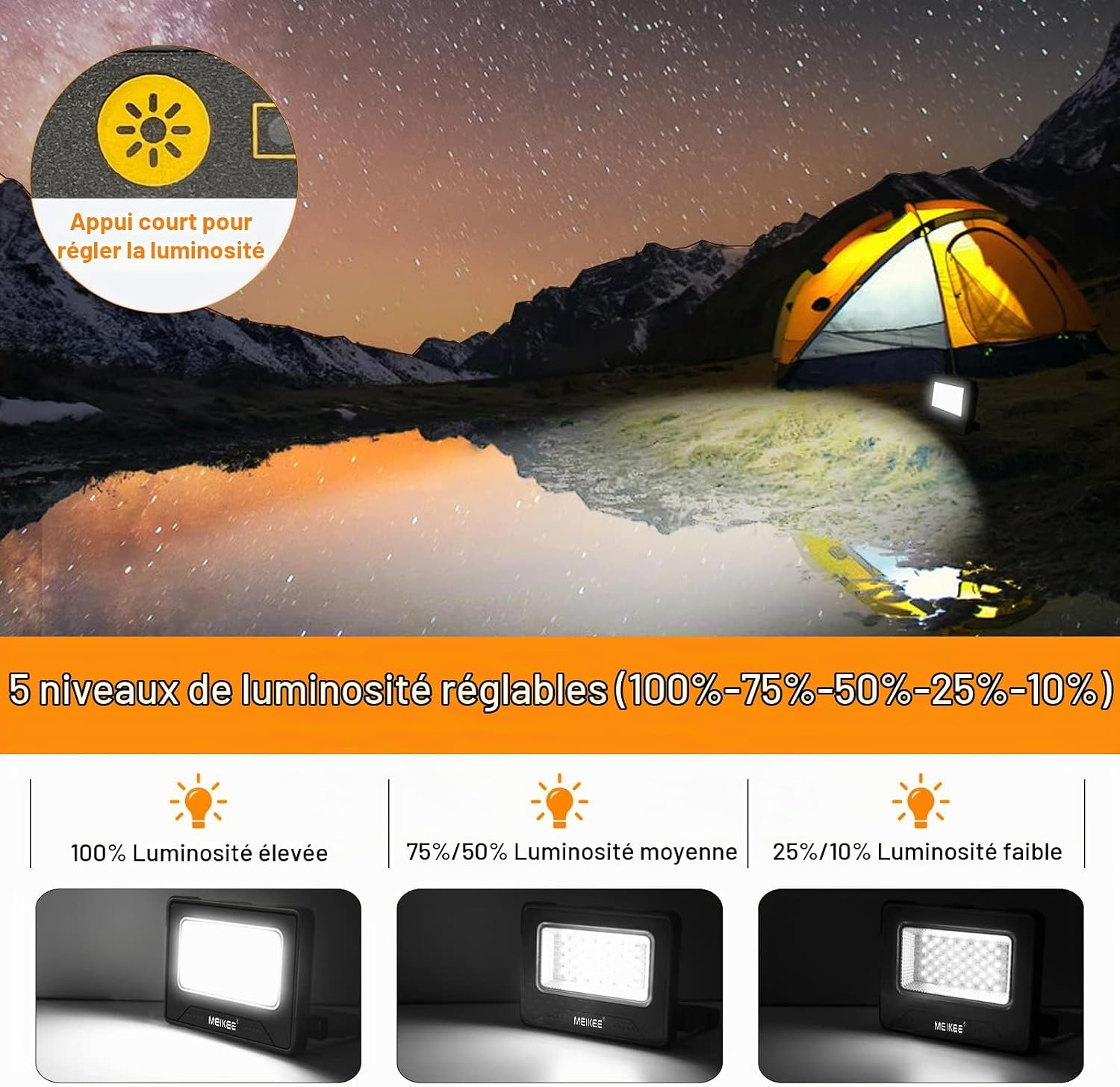 Detalle 2 de MEIKEE FLC060 led-werklamp, 10.000 mAh, 4 lichtmodi en USB- en zonne-oplading