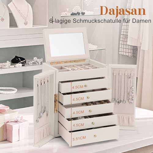 Thumbnail 6 de Dajasan Boîte à Bijoux Femme Grande — 5 tiroirs, cuir grain vertical beige avec miroir