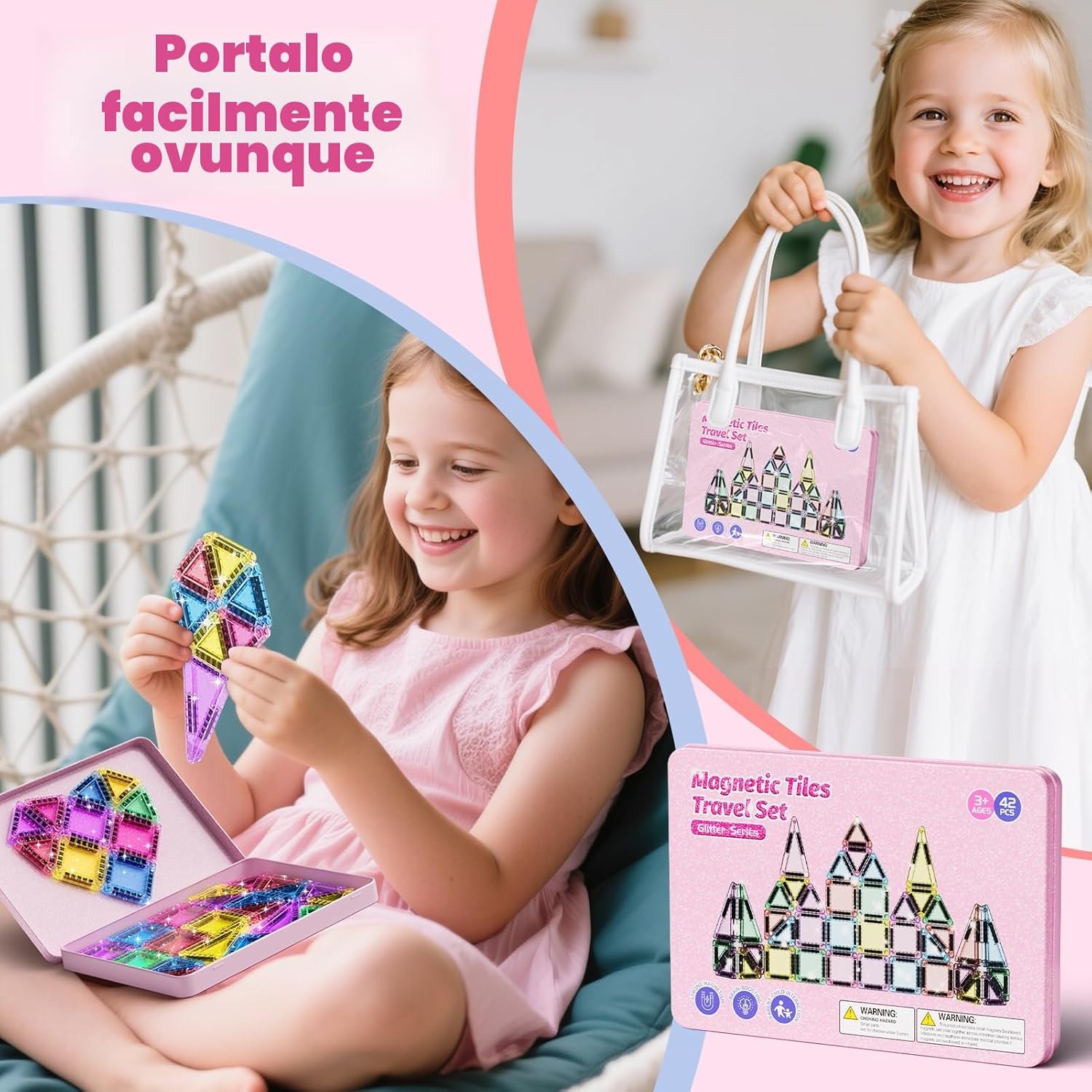 Thumbnail 2 de Set di 42 piastrelle magnetiche da viaggio con glitter rosa – gioco STEM per bambini