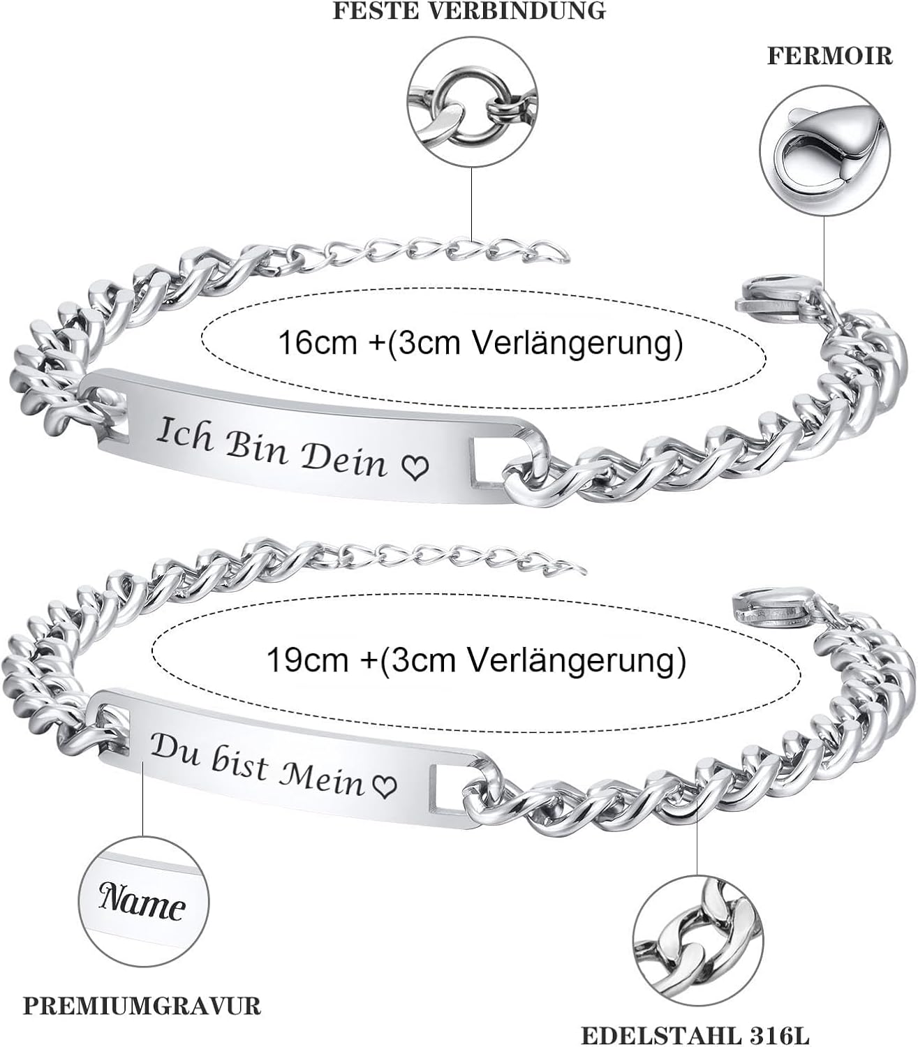Detalle de XUANPAI Partnerarmbänder mit Gravur – Personalisiertes Pärchenarmbandset aus Edelstahl (7 mm)