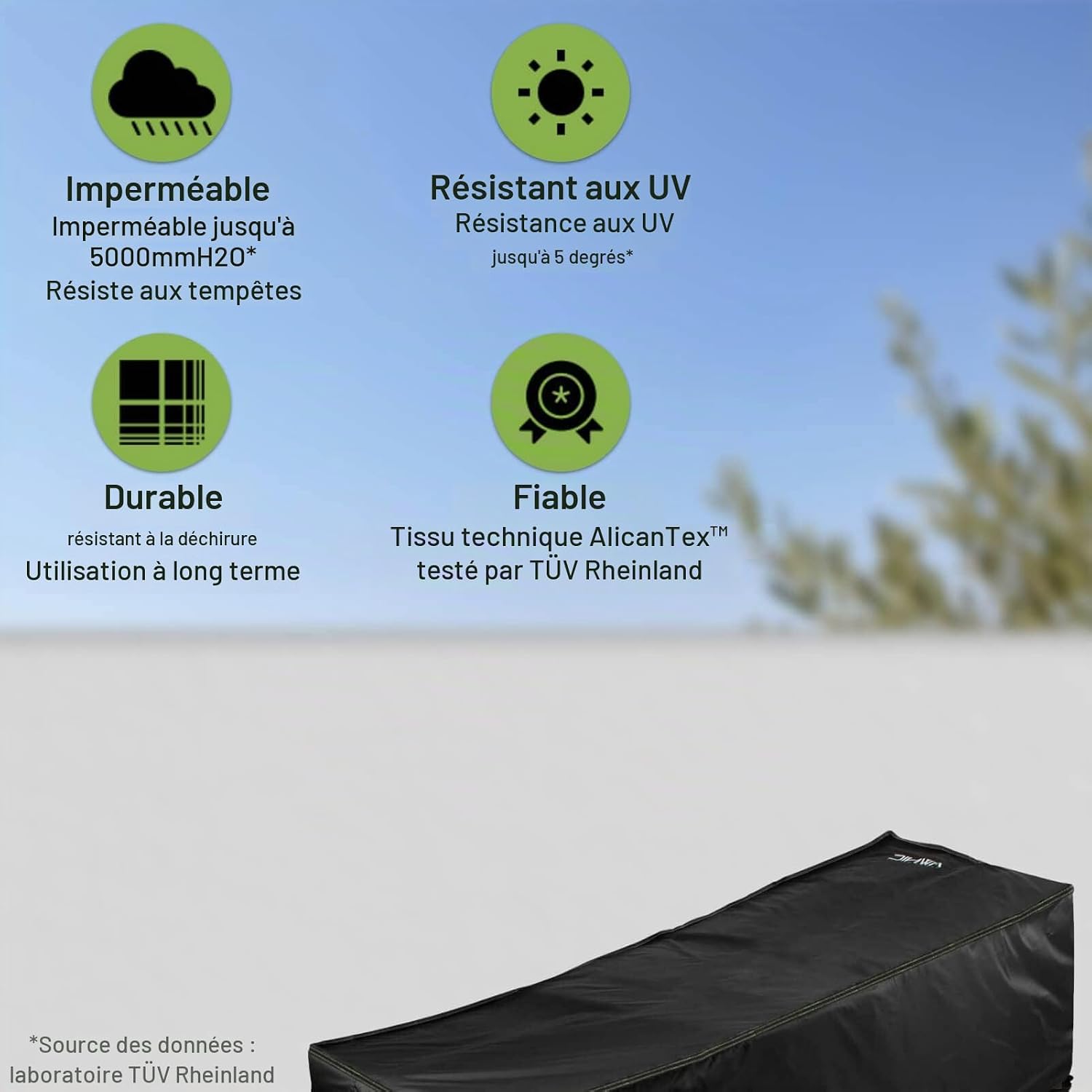Detalle de AWNIC G200-3D beschermhoes voor tuinligstoel, 420D polyester, 200 x 75 cm