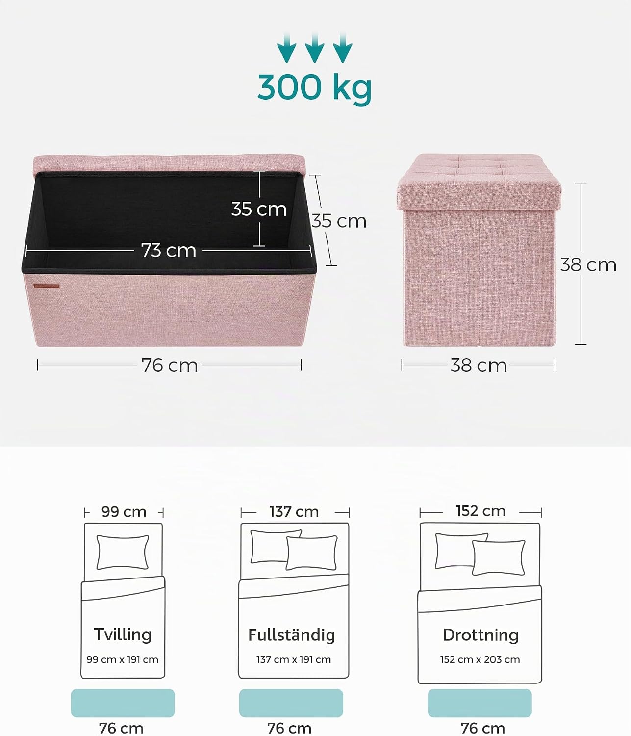 Thumbnail 2 de SONGMICS LSF047R11 hopfällbar sittbänk med förvaring, 89 liter, pastellrosa