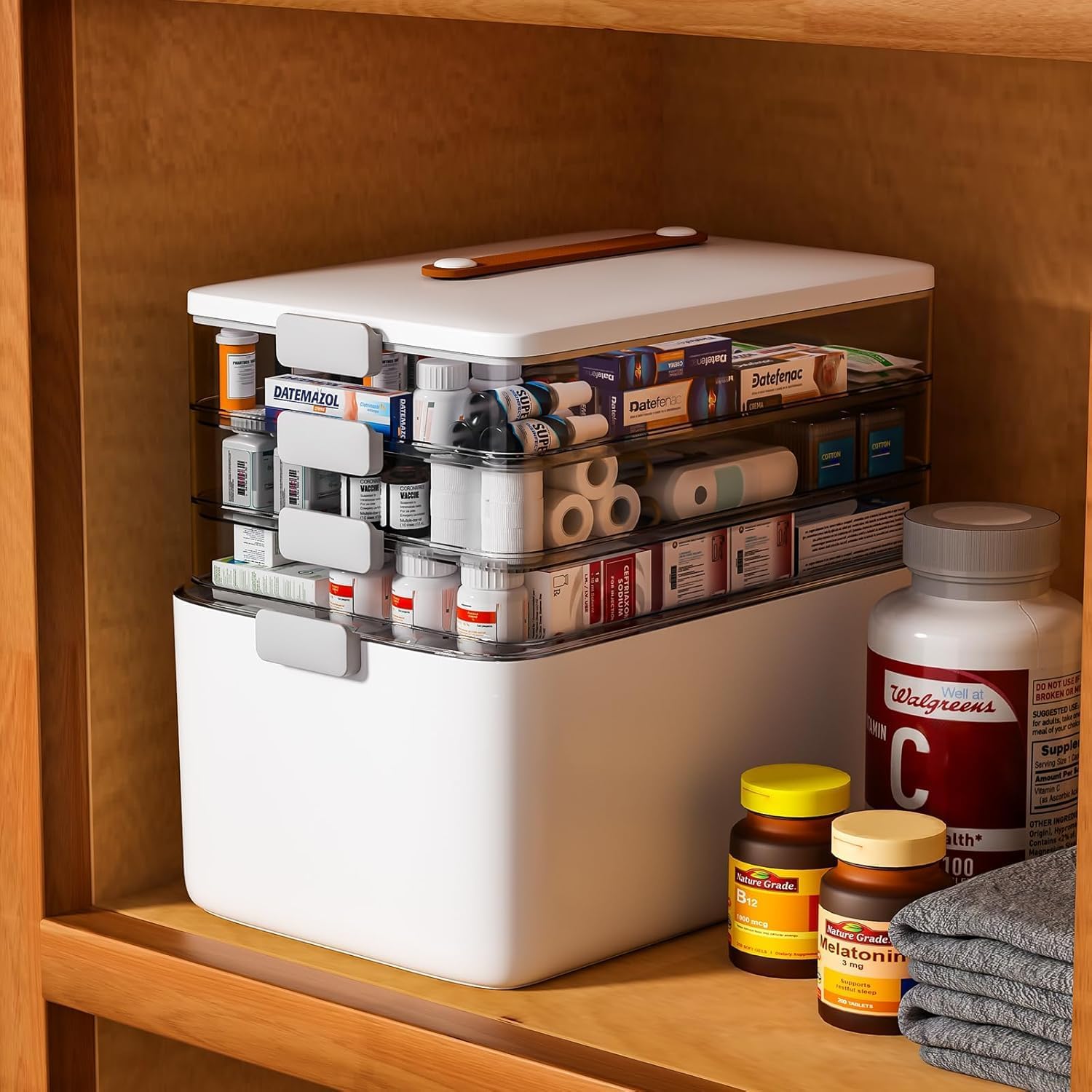Detalle de funest YX-N014C-YH 4-Tier Medicine Organizer with Removable Trays and 7-Day Pill Case