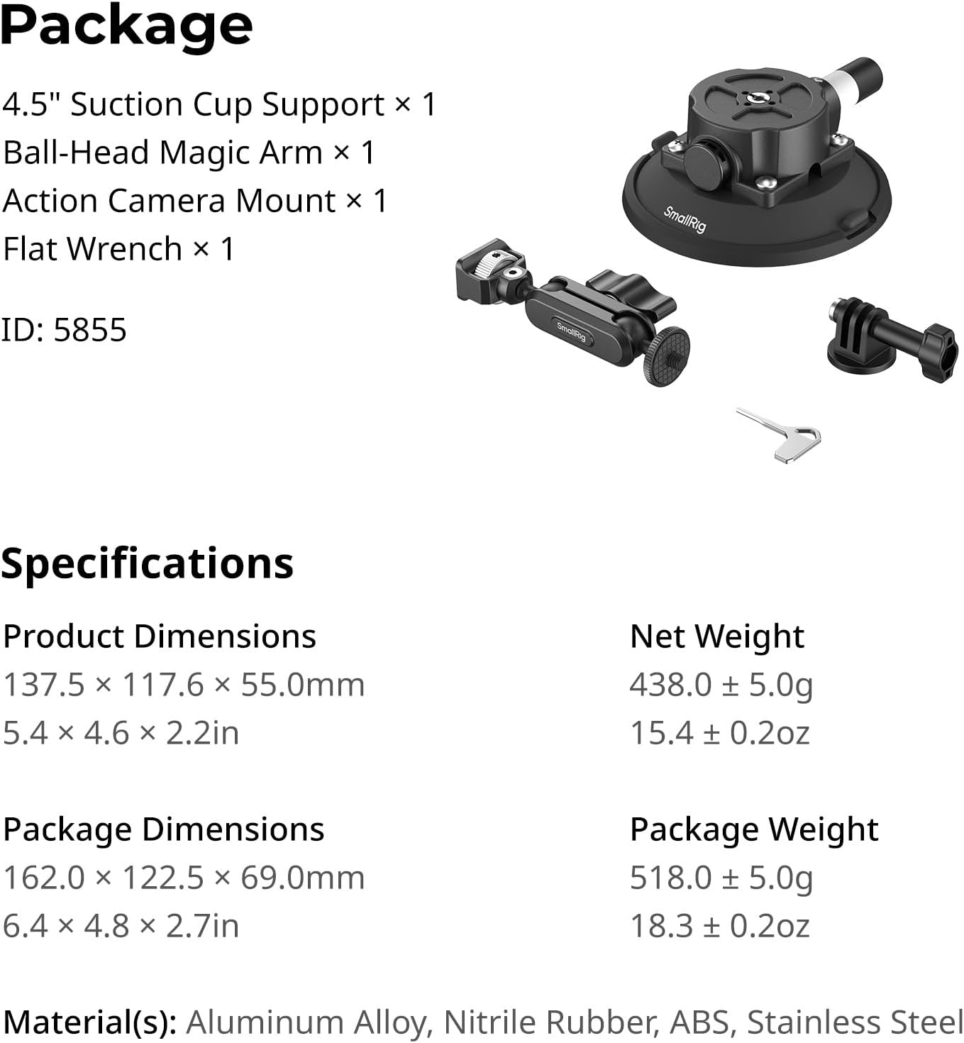 Thumbnail 6 de SMALLRIG Support ventouse 4,5" avec Bras articulé à rotule – compatible action cam (DJI Osmo Action, Insta360, GoPro)