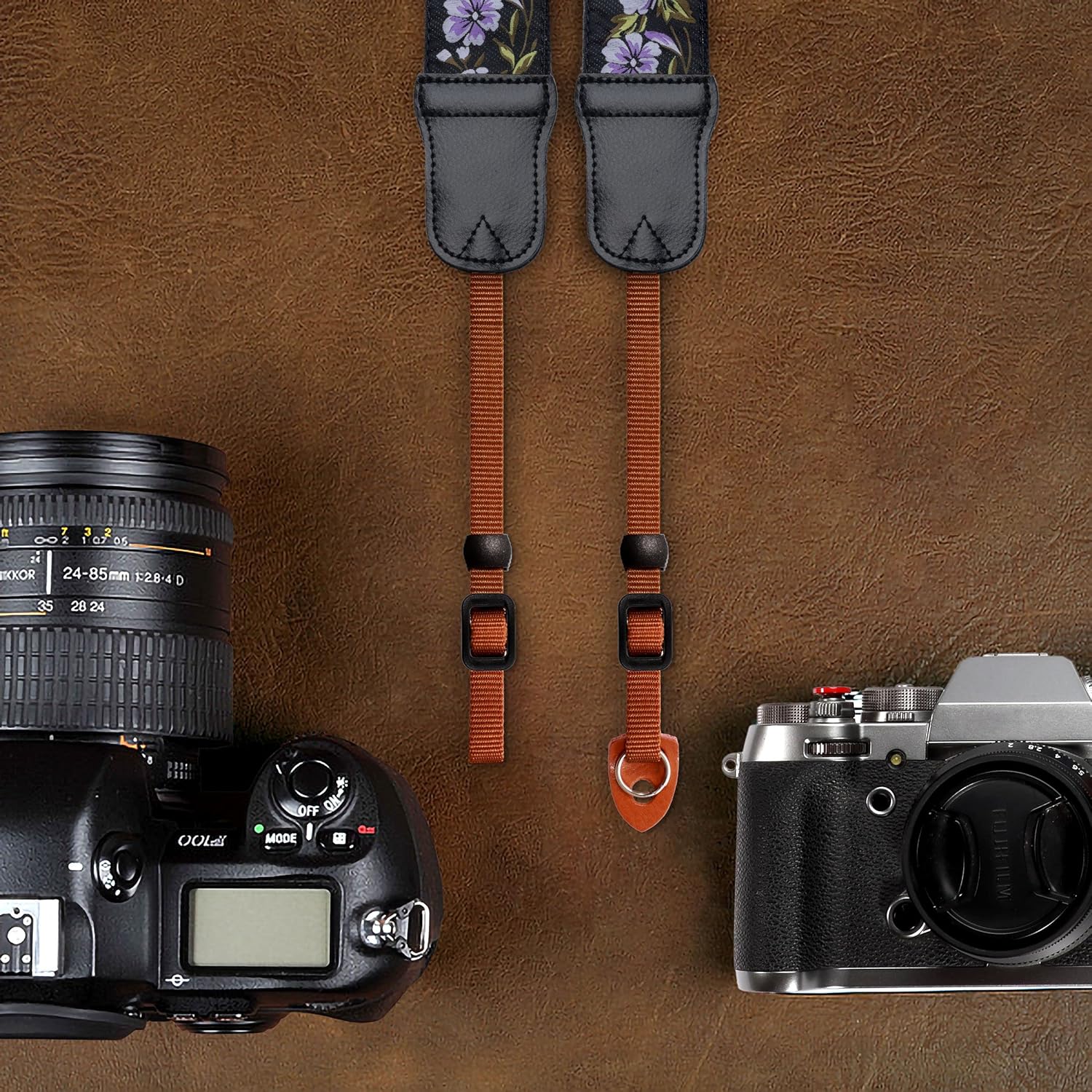 Detalle 2 de Cowhide camera strap 2 inch wide purple flower