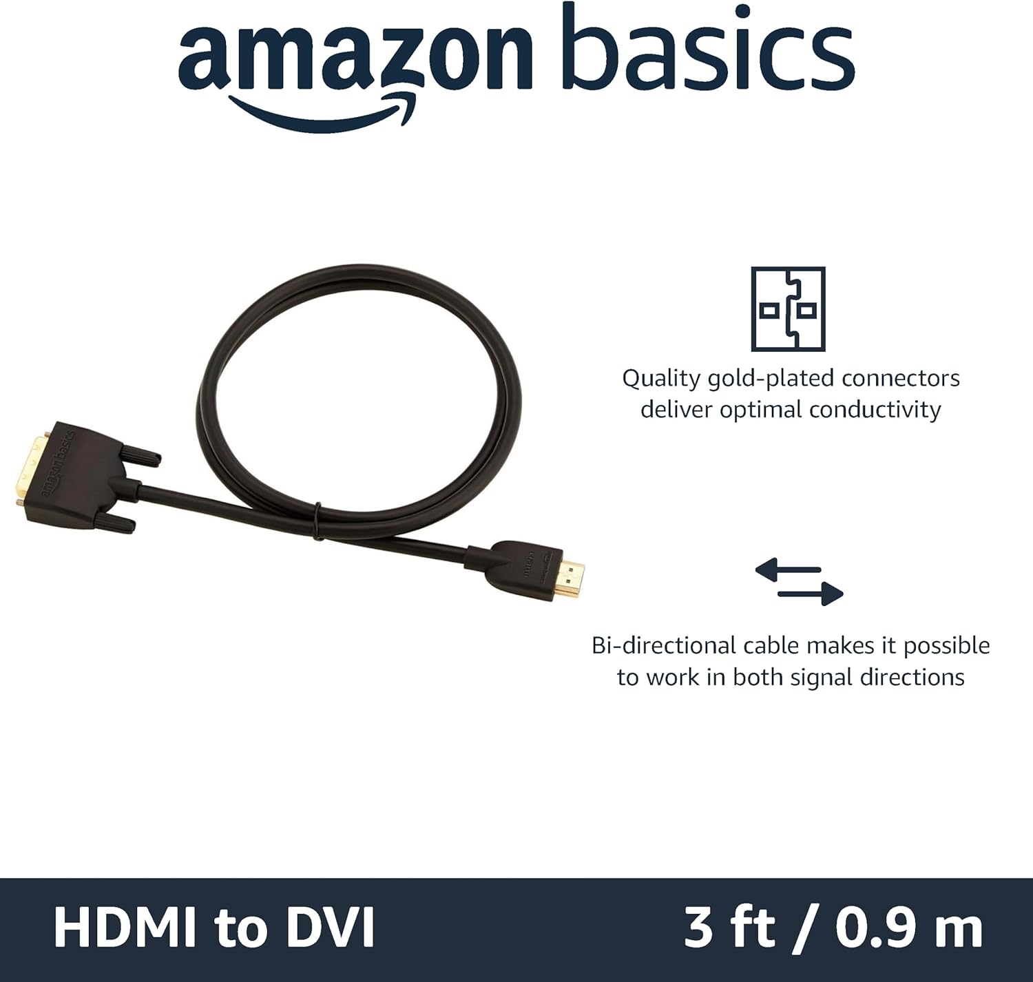 Thumbnail 1 de Amazon Basics HDMI-A to DVI (Male) Adapter Cable, Bi-Directional 1080P, Gold-Plated, 0.9 m (Pack of 10)