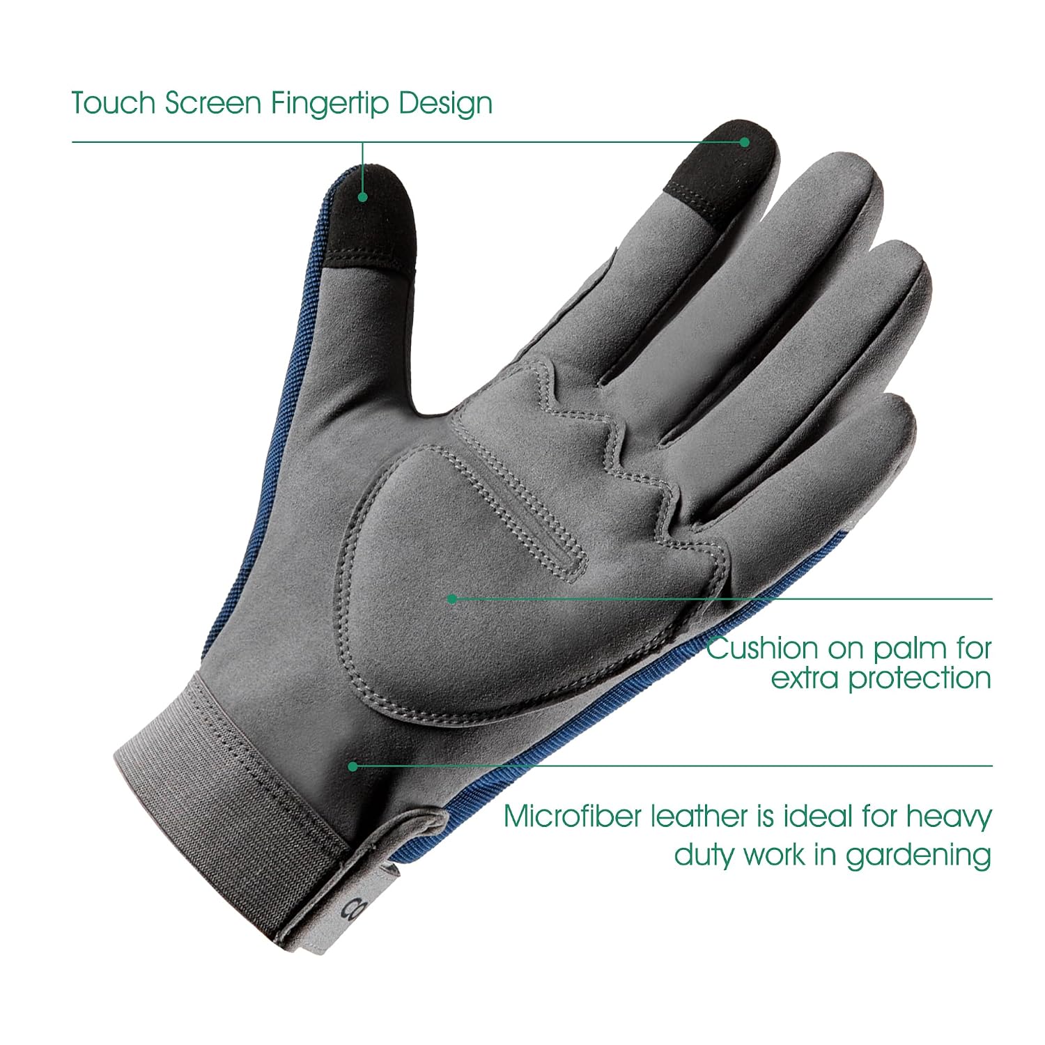 Detalle de COOLJOB Touchscreen-Gartenhandschuhe (durchstichsicher), gepolstert mit Klettverschluss – Navy, XL (1 Paar)