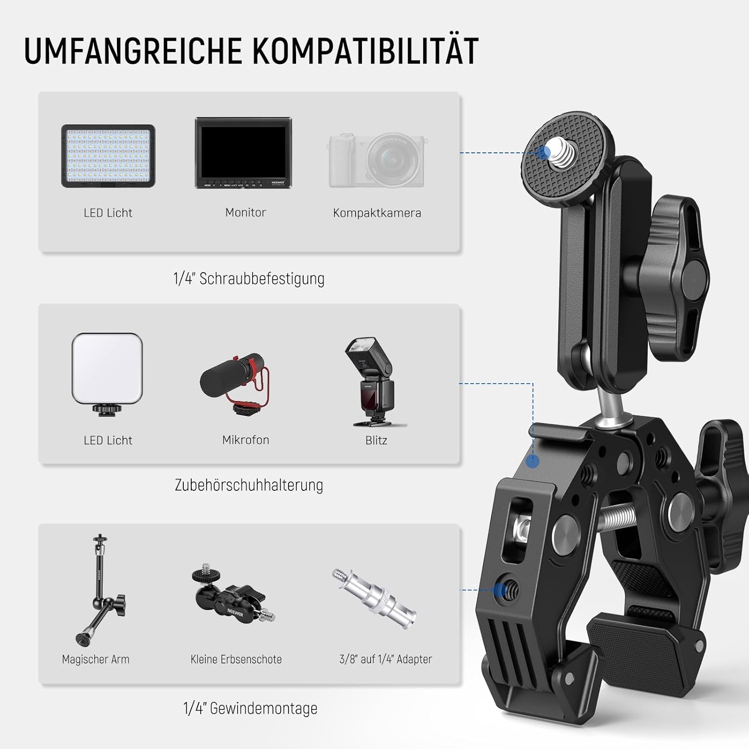 Thumbnail 5 de NEEWER Super Clamp Klemme mit 3" Dual-Kugelkopf Magic Arm, Cold Shoe und 1/4" Gewinde