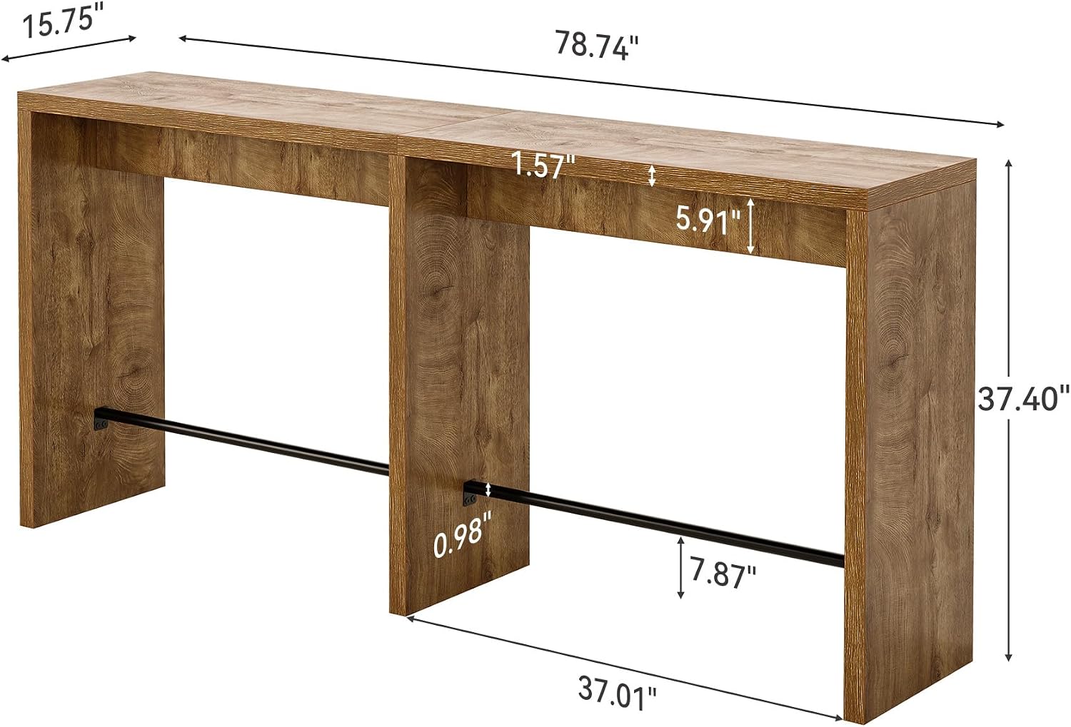 Detalle 2 de LITTLE TREE 78.74" Narrow Bar Table with Iron Footrest, Wood-Colour Top