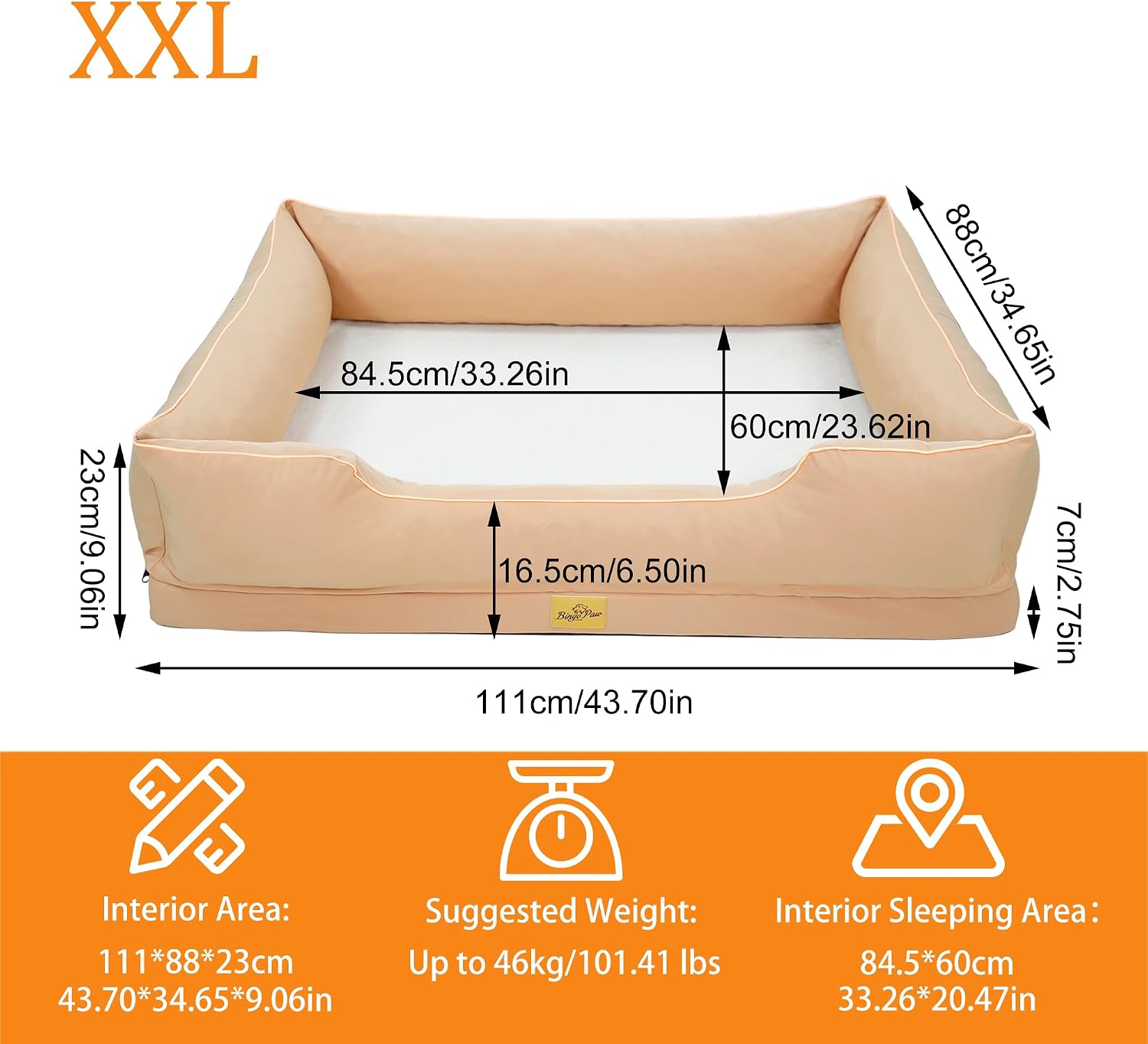 Thumbnail 6 de BingoPaw XXL Orthopedic Dog Bed Sofa – Beige 2XL (111x88x23cm)