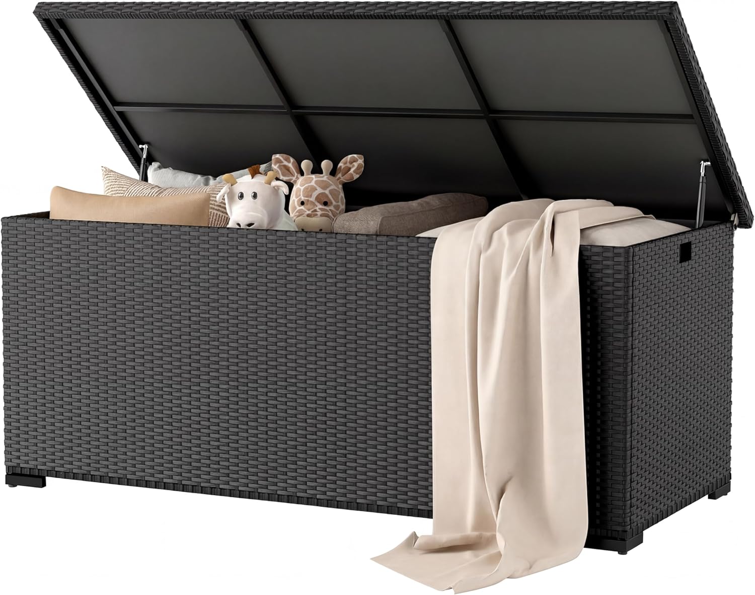 Amopatio 650L Gartenbox aus Polyrattan mit Gasdruckfedern – wasserdicht & wetterfest, Auflagenbox für Balkon und Garten