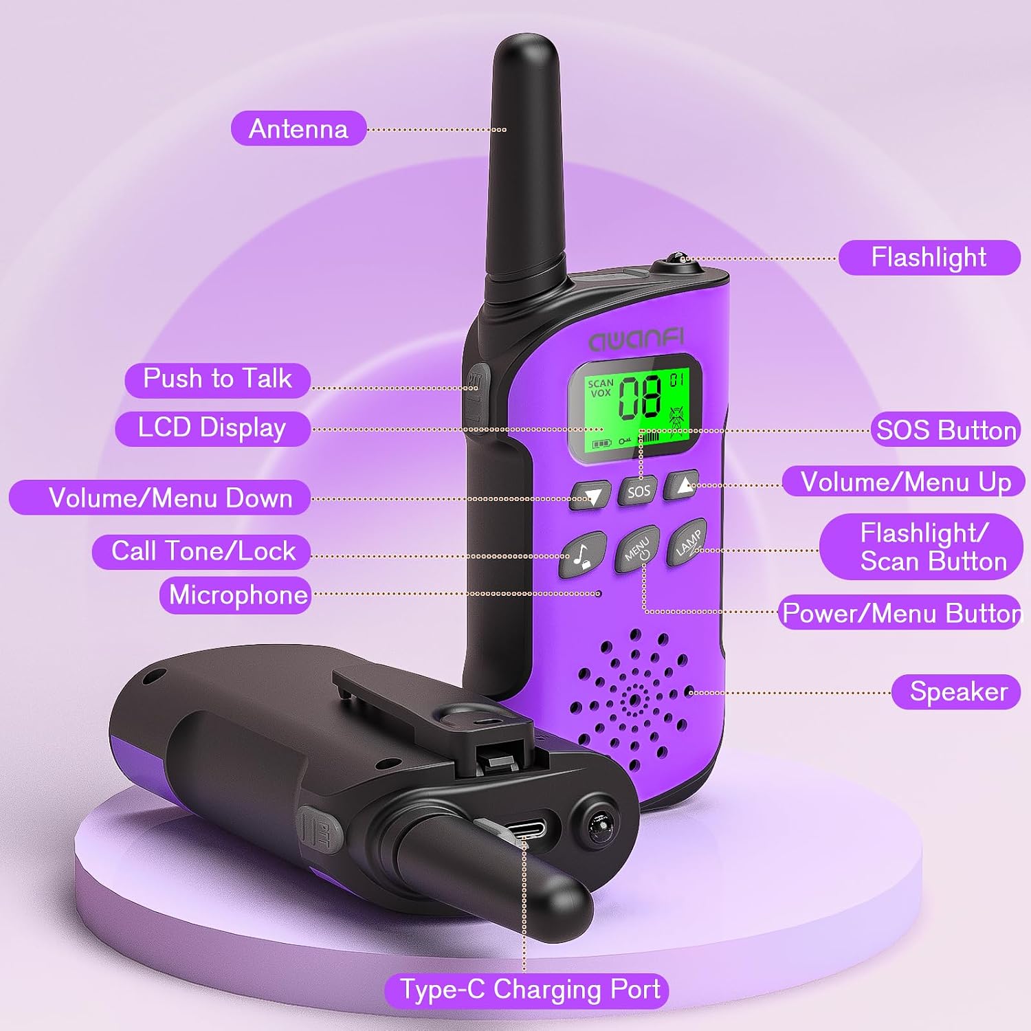 Thumbnail 1 de AWANFI Kids Walkie Talkies 4-Pack: Rechargeable Long Range 2-Way Radios with Flashlight & VOX (USB-C) for Outdoor Fun