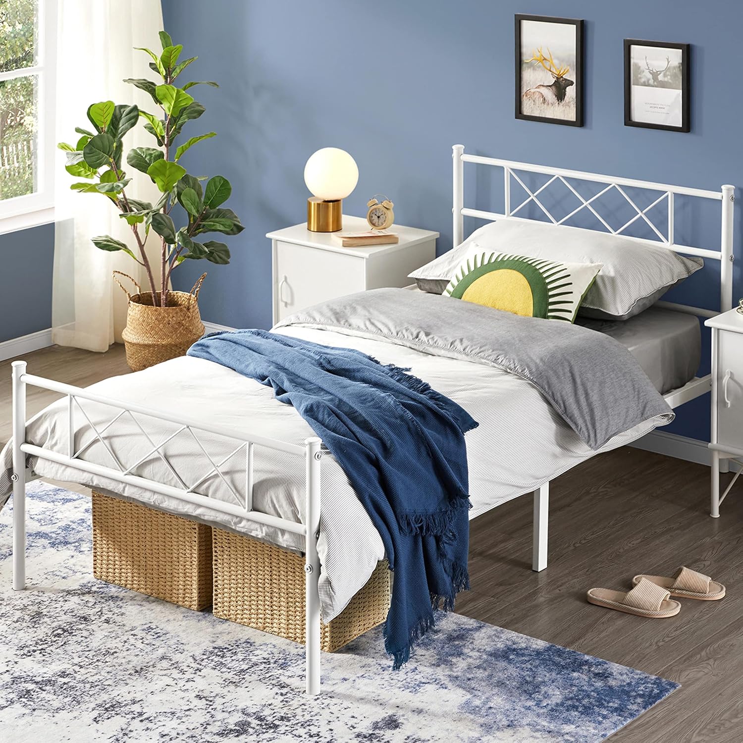 Detalle de Yaheetech - Struttura Letto Singolo in Metallo con Testiera a Forma di X, 90 × 190 cm, Bianco