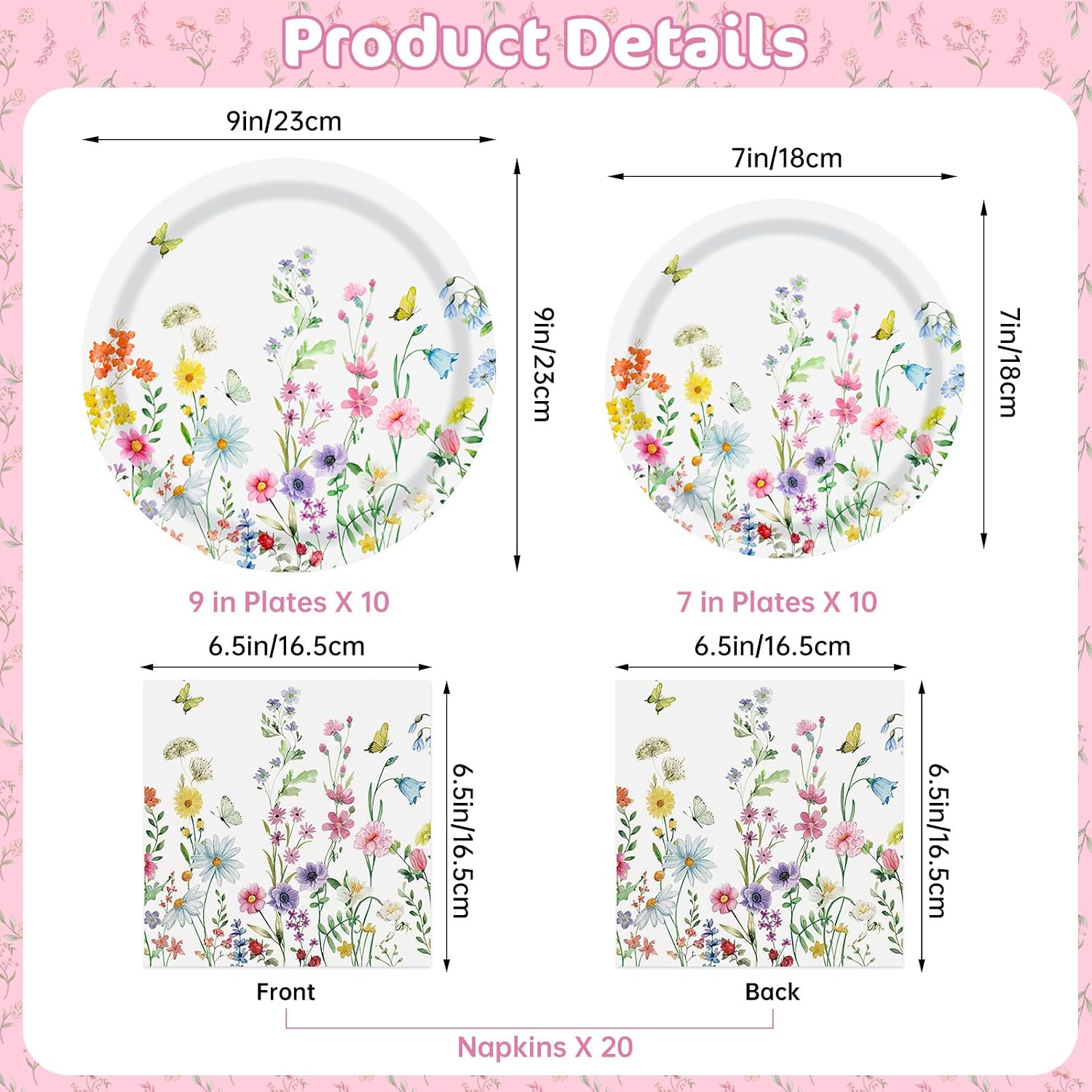 Detalle de 40 Pcs Spring Wildflower Plates and Napkins Sets