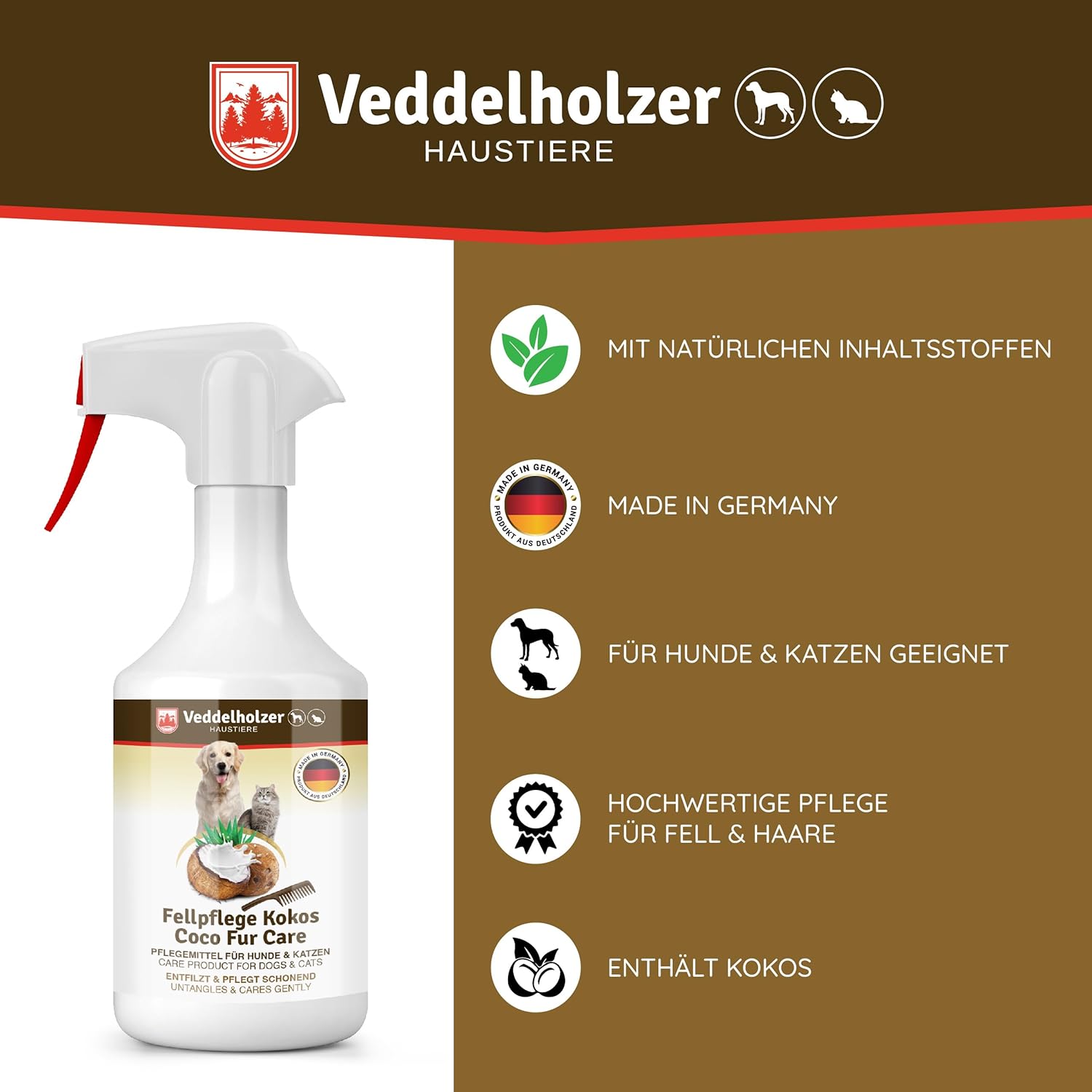 Detalle de Veddelholzer Kokos Fellpflege Spray für Hund & Katze – Entfilzung, Glanz & Duft 500 ml