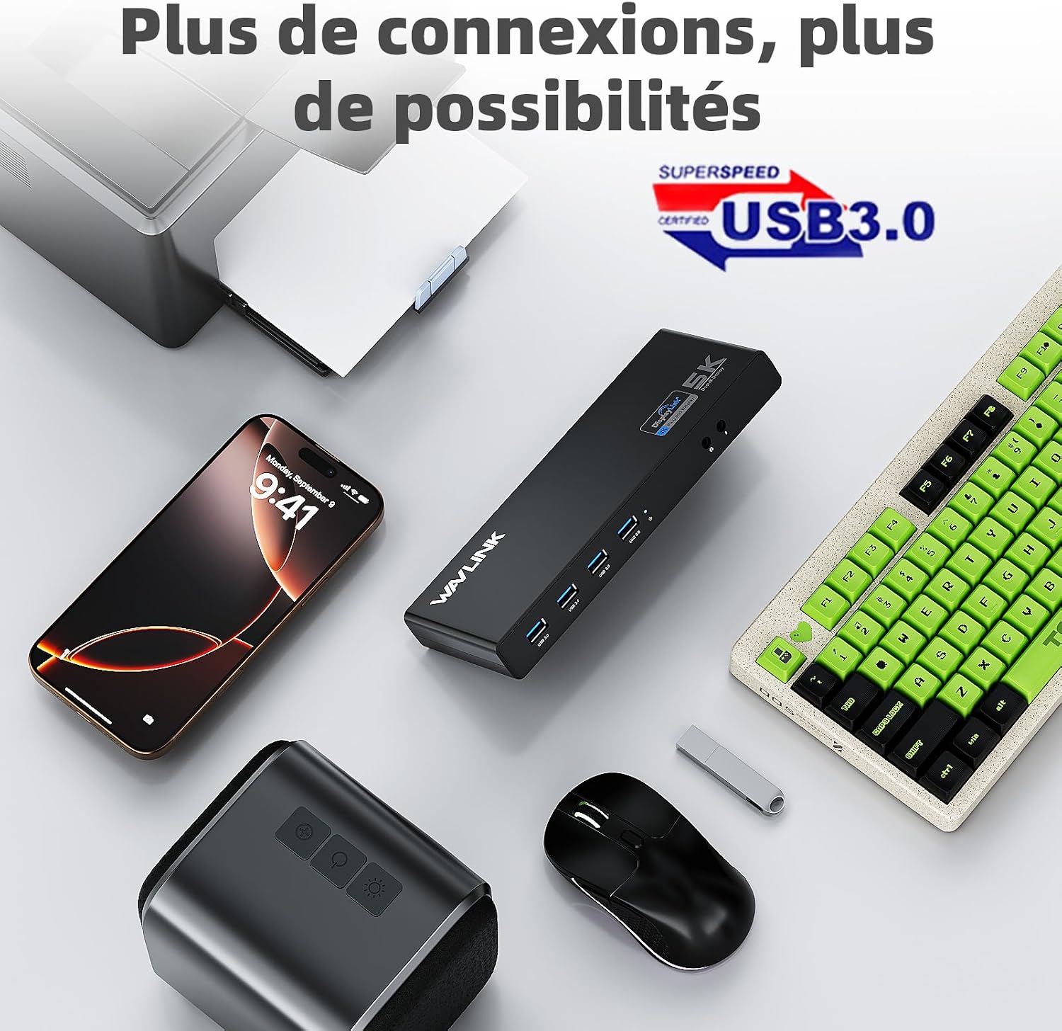Detalle de WAVLINK Station d’accueil DisplayLink USB-C 13 en 1 : double écran HDMI/DP, Ethernet Gigabit et 6× USB 3.0