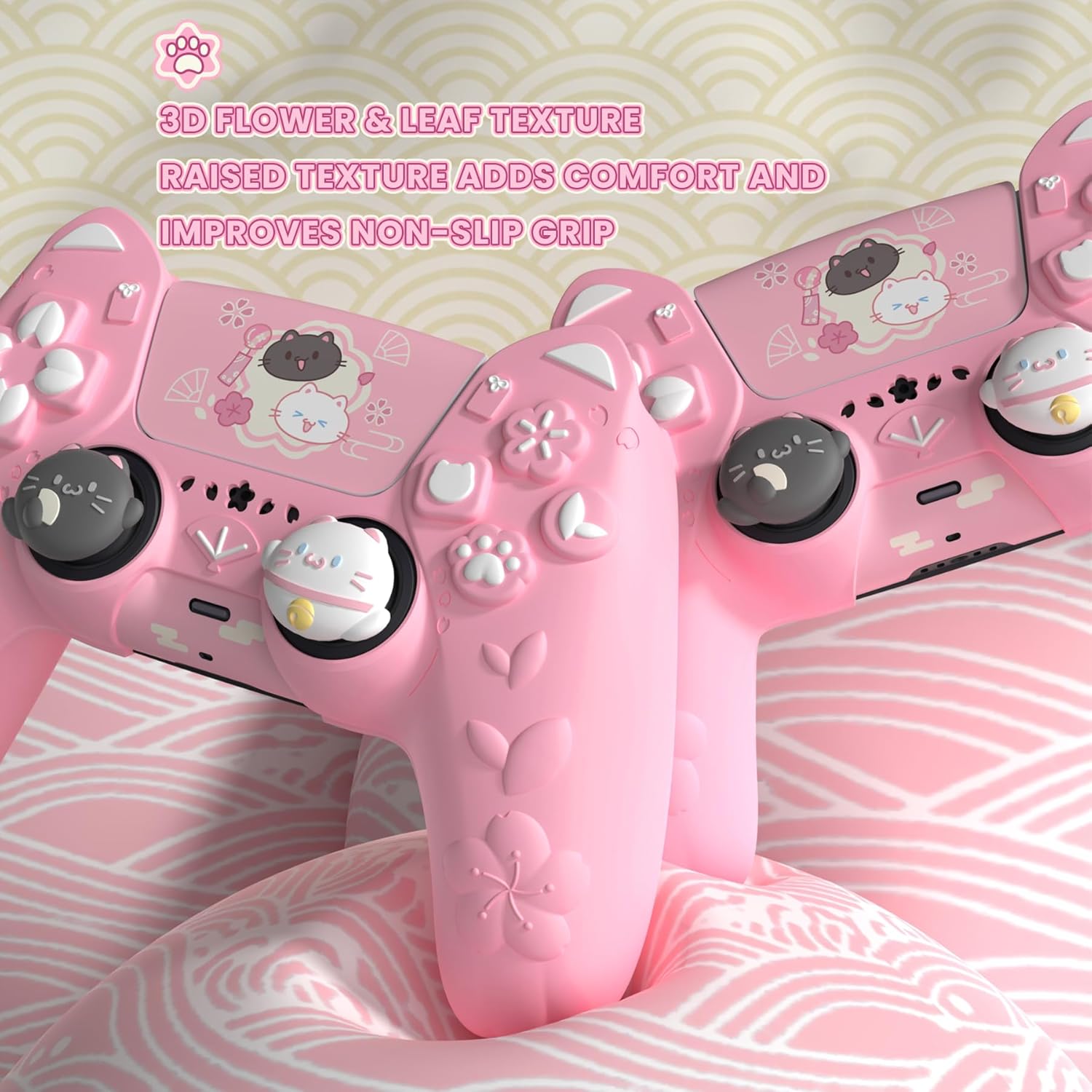 Detalle de PlayVital Cherry Blossoms Cat Skin for PS5 Controller – Anti-slip Silicone Case with Cat Ears, Thumb Grips & Stickers