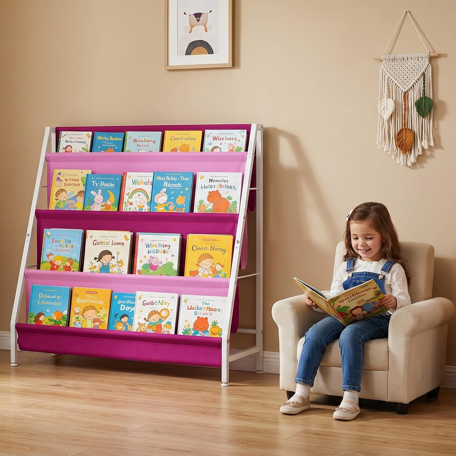 Detalle de Vlony Kids Bookshelf-2026-CA-2, 4-Tier Pink Book Rack