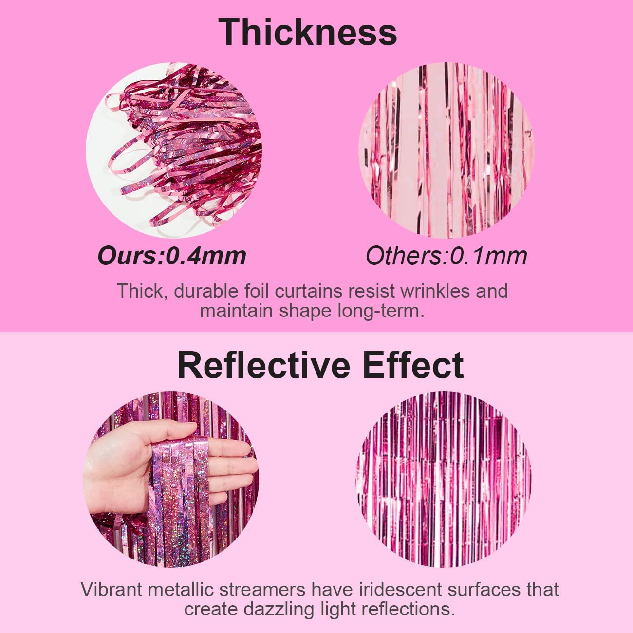 Detalle de PVEGOS 4pc Laser Pink Glitter Tinsel Curtain Backdrop – 3.3 x 8.3 ft