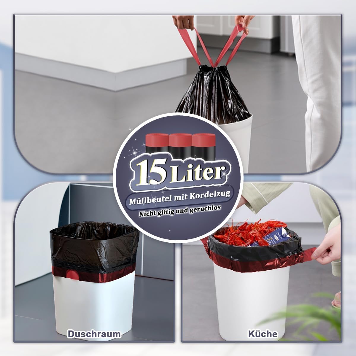 Detalle 2 de OKKEAI Schwarz Müllbeutel 15L mit Zugband – 75 Stück (Größe L, 60 x 50 cm)