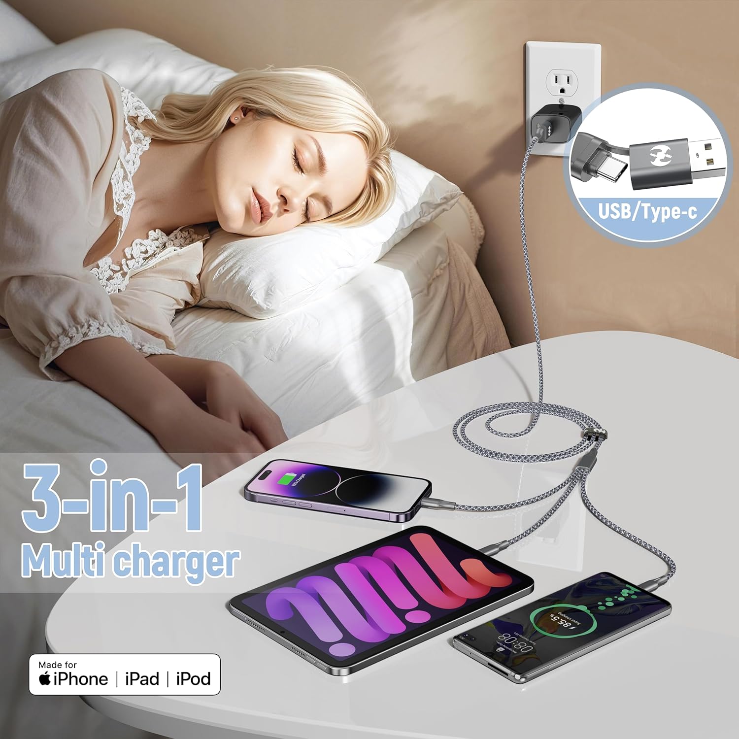 Thumbnail 2 de IDISON Multi Charging Cable (4ft, 3-Pack) 3-in-1 USB-A/C + Lightning/Type-C Travel Charger