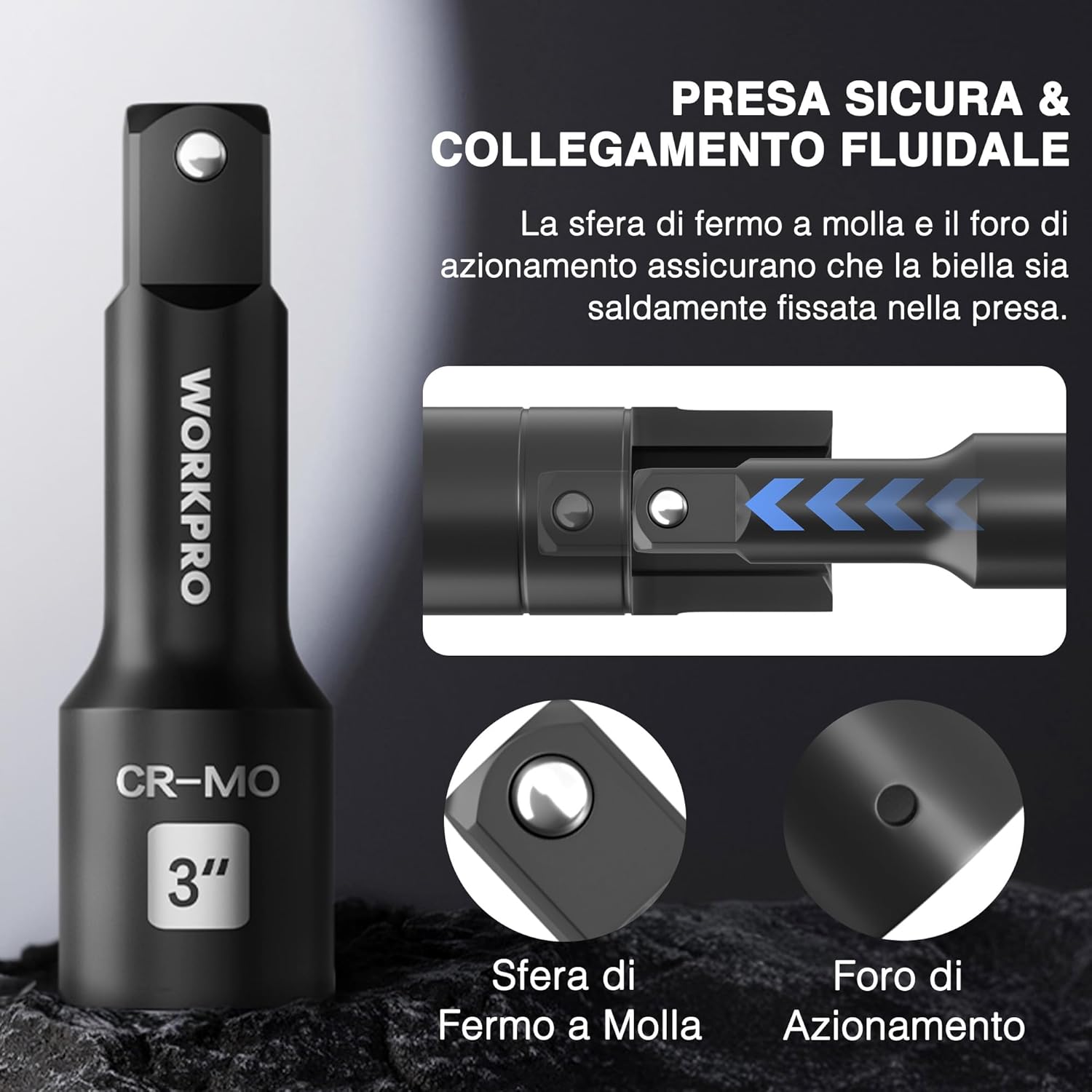 Thumbnail 5 de WORKPRO Set di Bussole a Percussione e Doppia Testa da 1/2'' con Estensione – 6 Misure SAE/Metriche