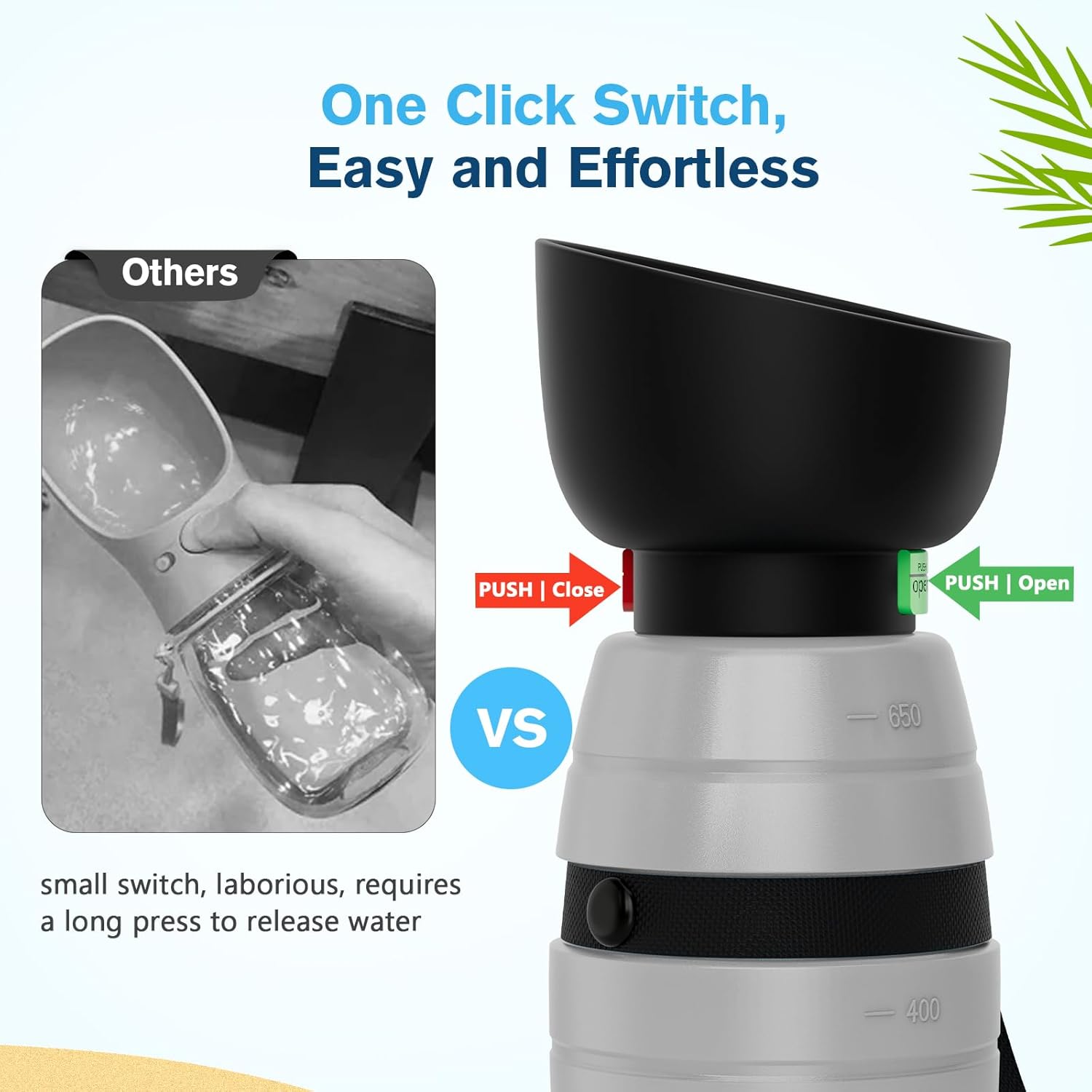 Detalle de Pecute 850ml All-in-One Dog Water Bottle with Foldable Bowl – Leak-Proof, Lightweight & Portable