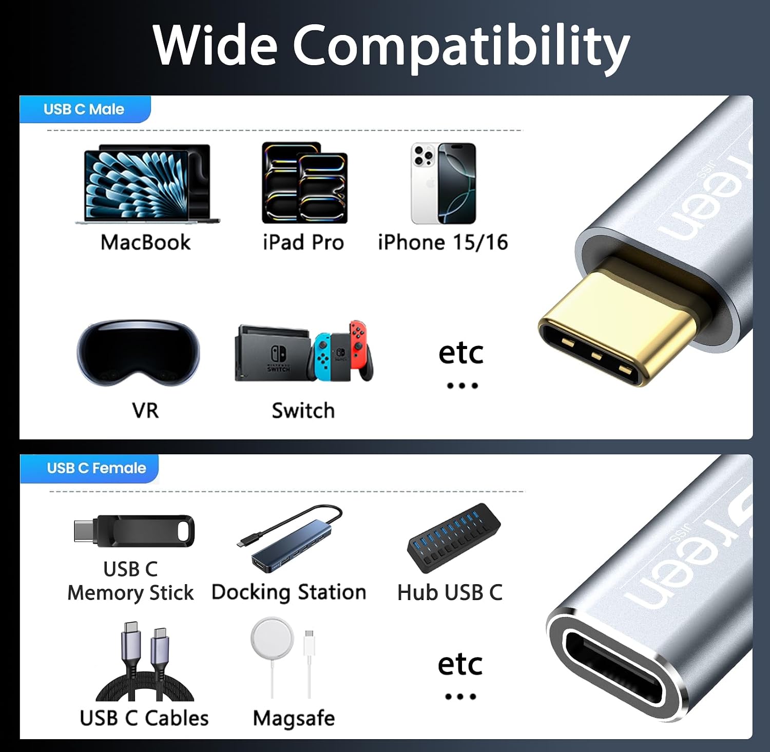 Thumbnail 6 de Green Jiss Short USB C Extension Cable 0.5ft – Full-Function USB-C Male to Female Extender