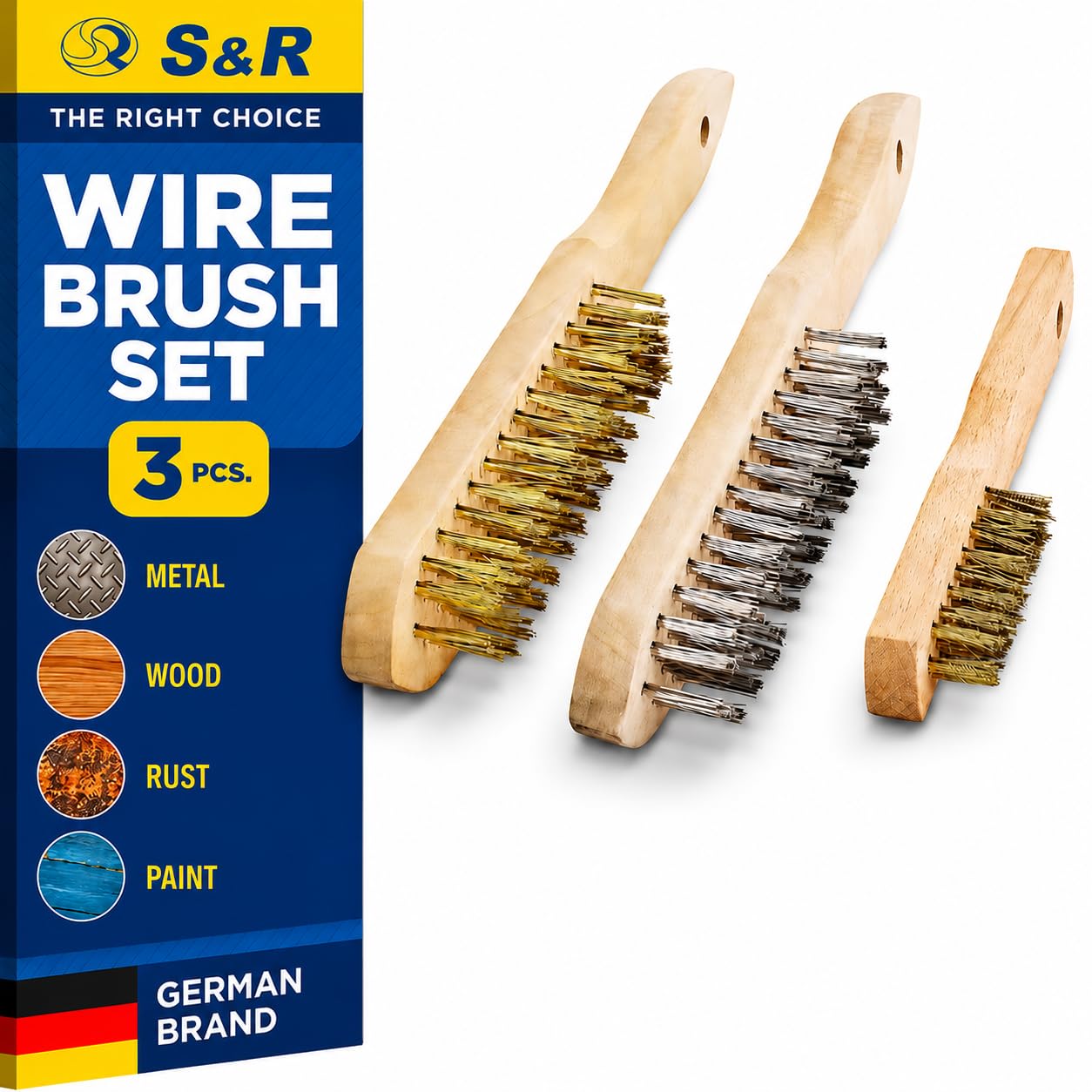 Detalle de S&R 135.003.290 handborstset med tre stålborstar i rostfritt stål och mässing