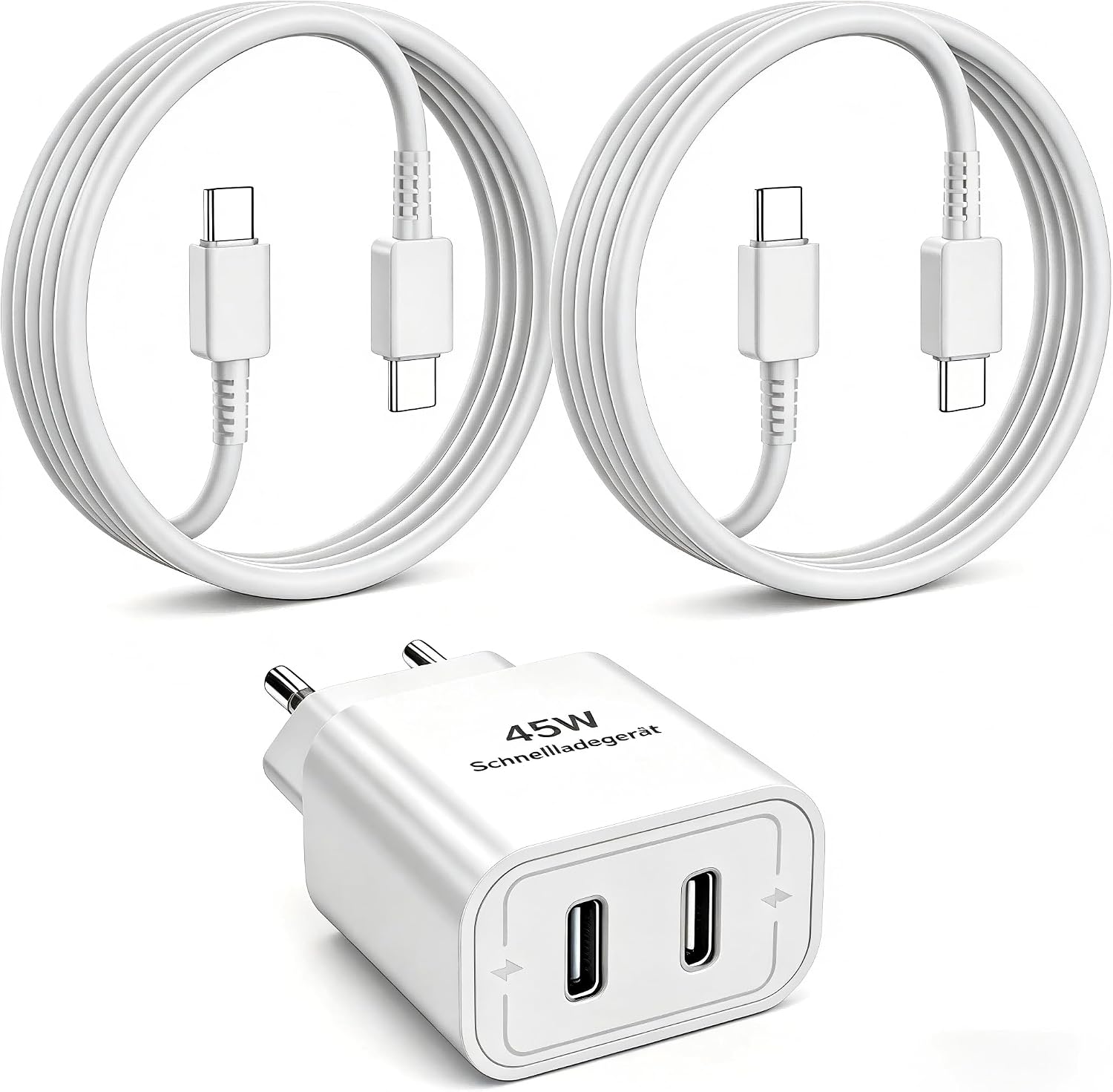 Detalle de 45W Dual-Port USB‑C Ladegerät mit 2× 2 m Kabeln – Schnellladen für iPhone 17/16/15 Serie und mehr
