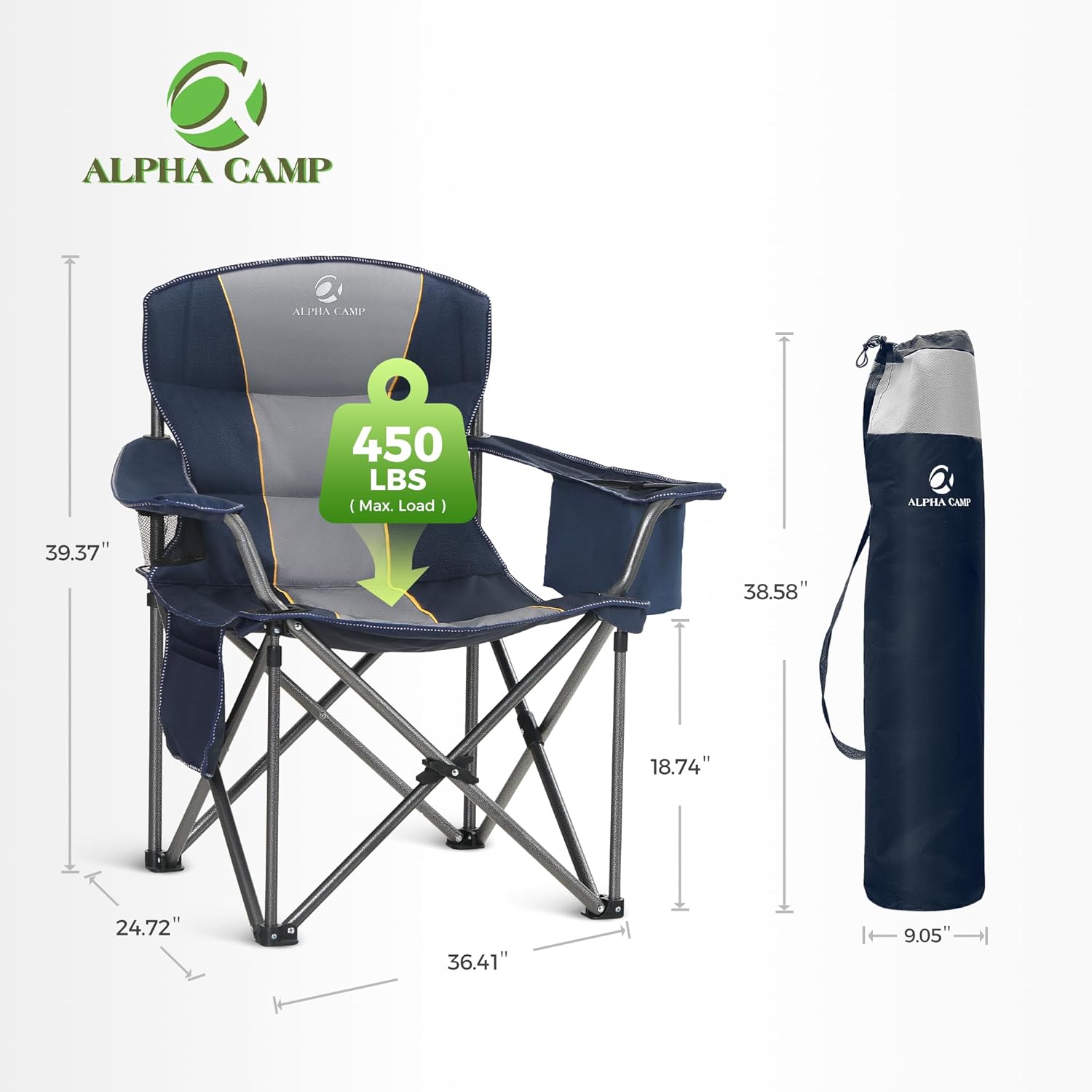 Thumbnail 1 de ALPHA CAMP Oversized Camping Folding Chair (Blue) – 450 lbs Capacity, Carry Bag & Cooler Bag, 2-Pack