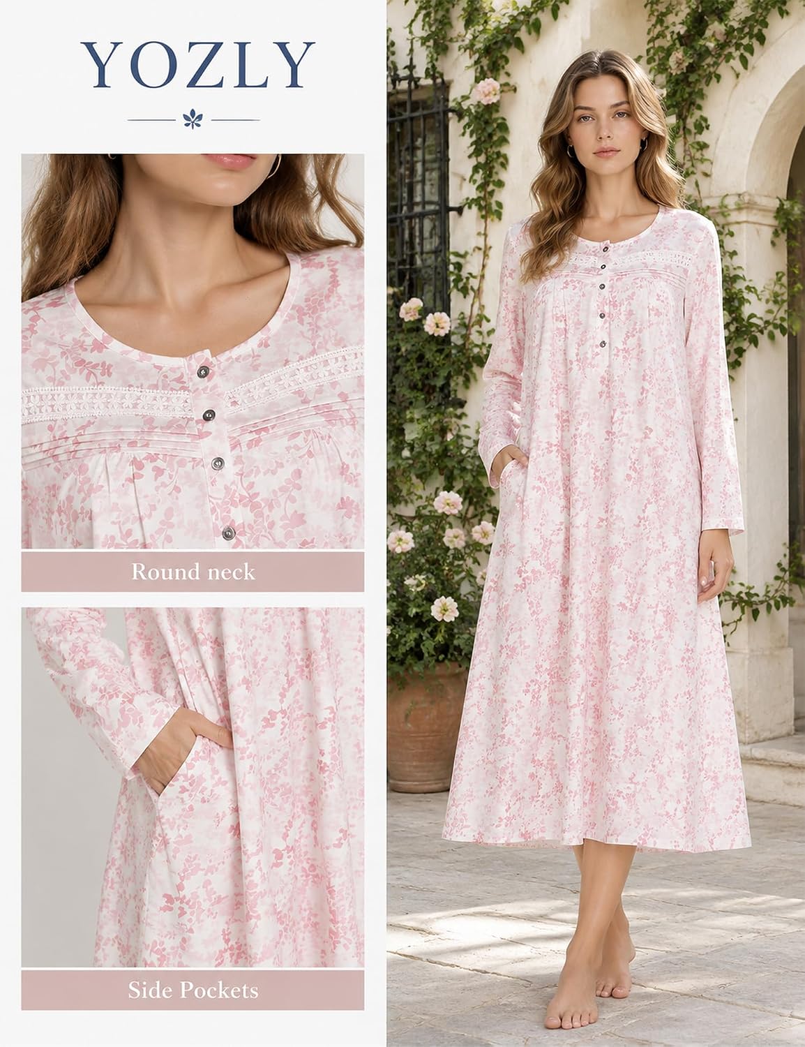 Detalle 2 de YOZLY Long Sleeve Cotton-Blend Nightgown with Pockets and Button Placket