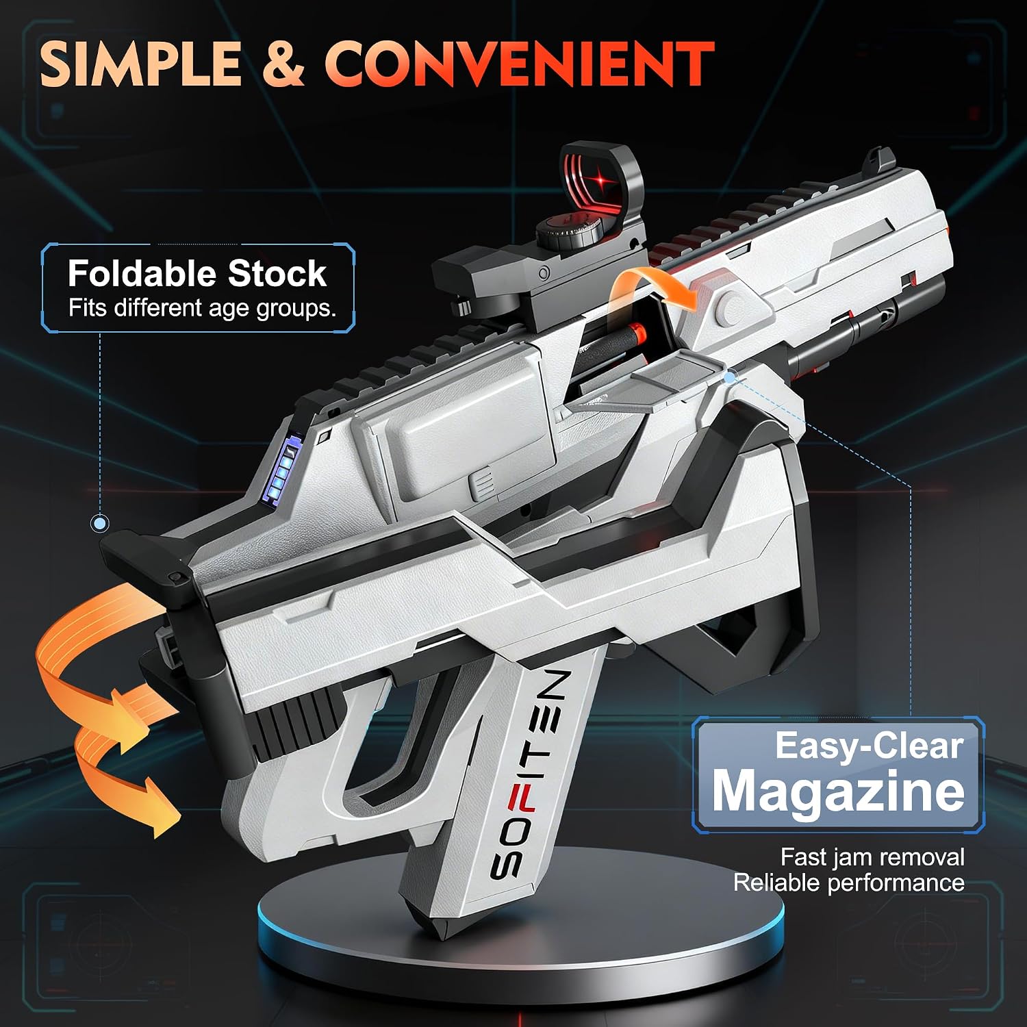 Detalle 2 de SOFITEN Automatic Foam Dart Blaster with Flashlight, Foldable Stock and Vest