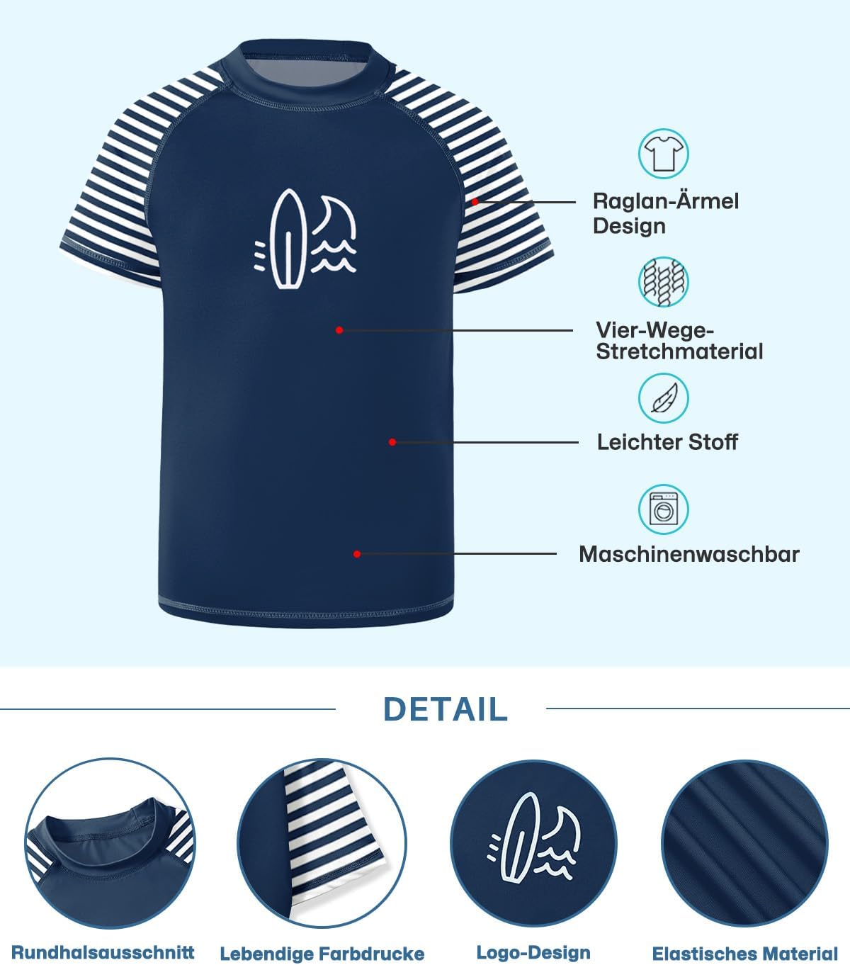 Detalle de BesserBay Jungen UV-Shirt UPF 50+ – Rashguard Kurzarm, Größen 110–160