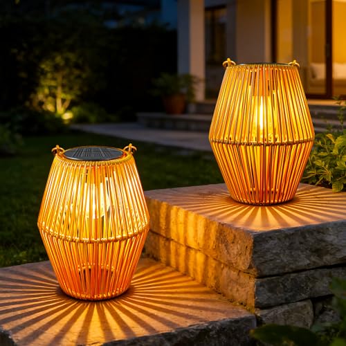 Detalle de Ollny Lanternes Solaire Exterieur – 2 Pièces en Rotin Bohême, Blanc Chaud