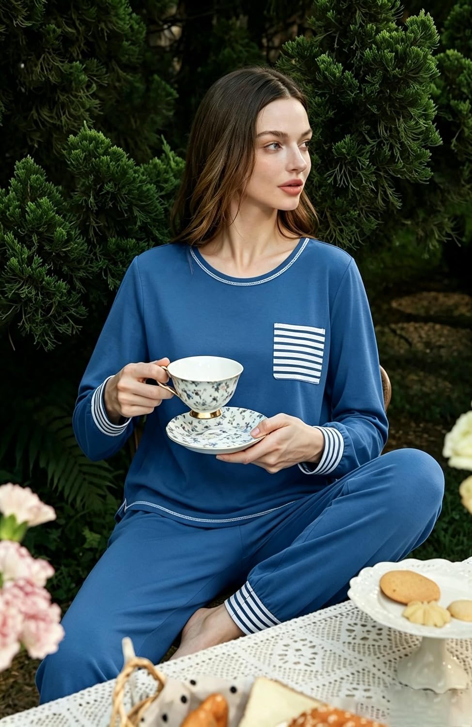 Detalle de SWOMOG Women's Modal Pajama Set with Long-Sleeve Top and Long Pants