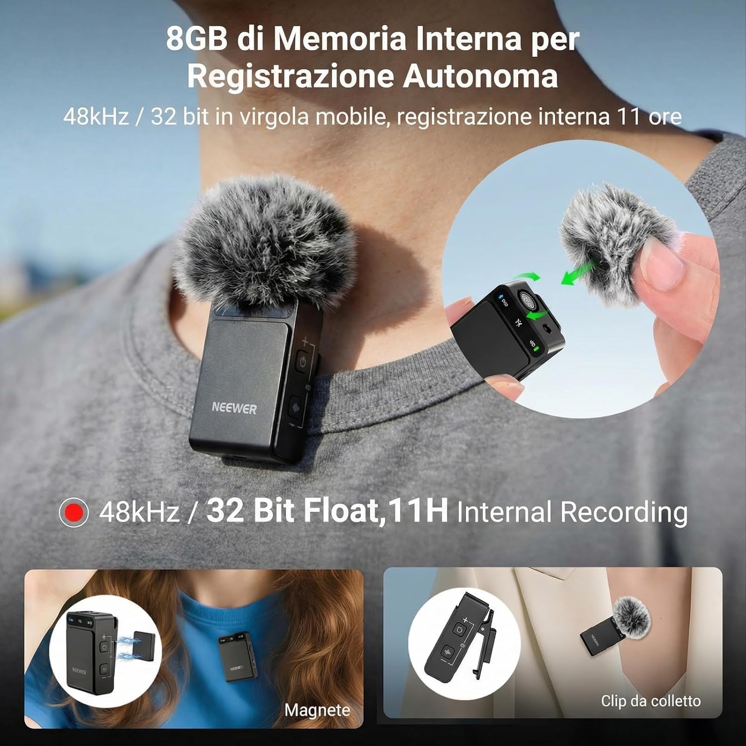 Detalle 2 de NEEWER CM36 Pro microfono wireless con cancellazione del rumore AI, memoria 8GB e portata 100m
