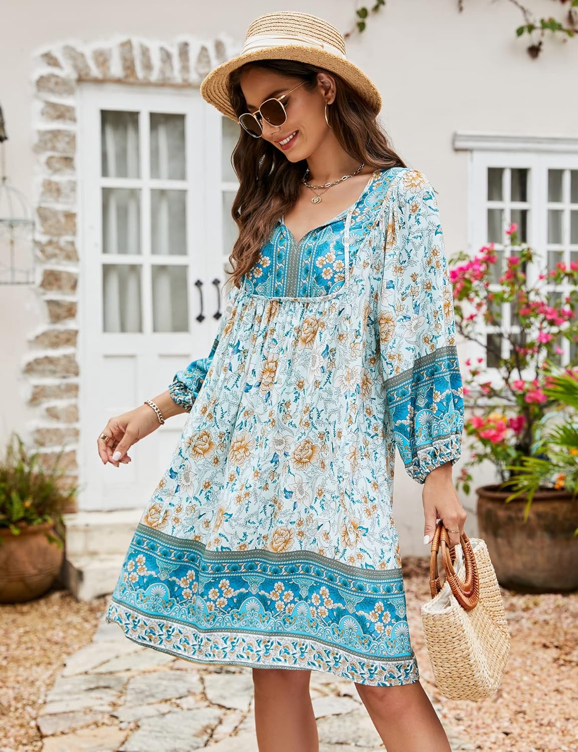Thumbnail 1 de Bluetime Women Casual Summer Dress Boho V Neck 3/4 Sleeve Babydoll Floral Print Flowy Beach Dress