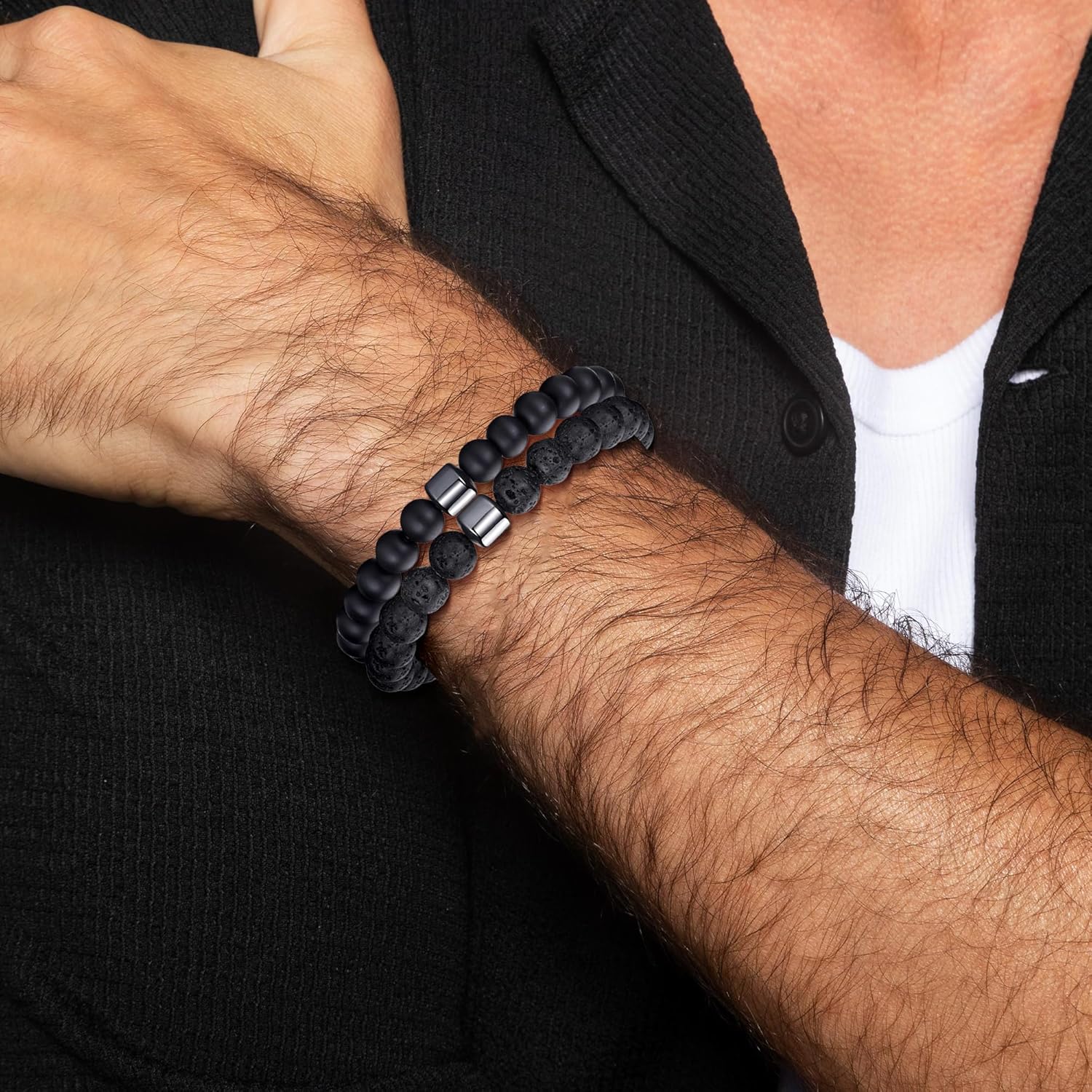 Thumbnail 3 de MOROTOLE Bracelet Oeil de Tigre Homme 8mm — Ensemble de 3/4 Bracelets en Pierres Naturelles avec Pierre de Lave, Obsidienne et Oeil de Tigre