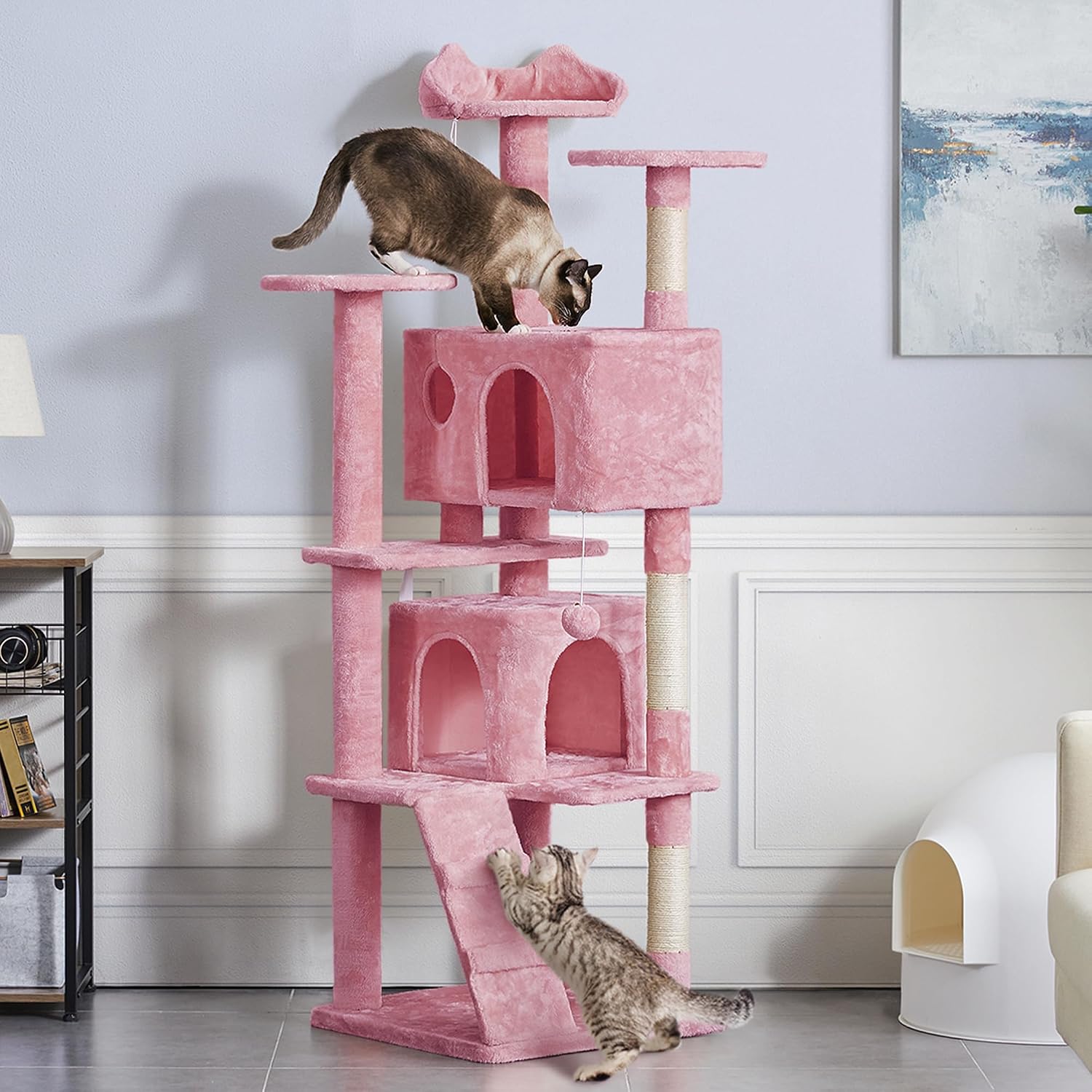 Detalle de Yaheetech Albero Tiragraffi per Gatti 178 cm con 3 Pali Graffiatoi, Grotta e Pompon in Peluche (Rosa)