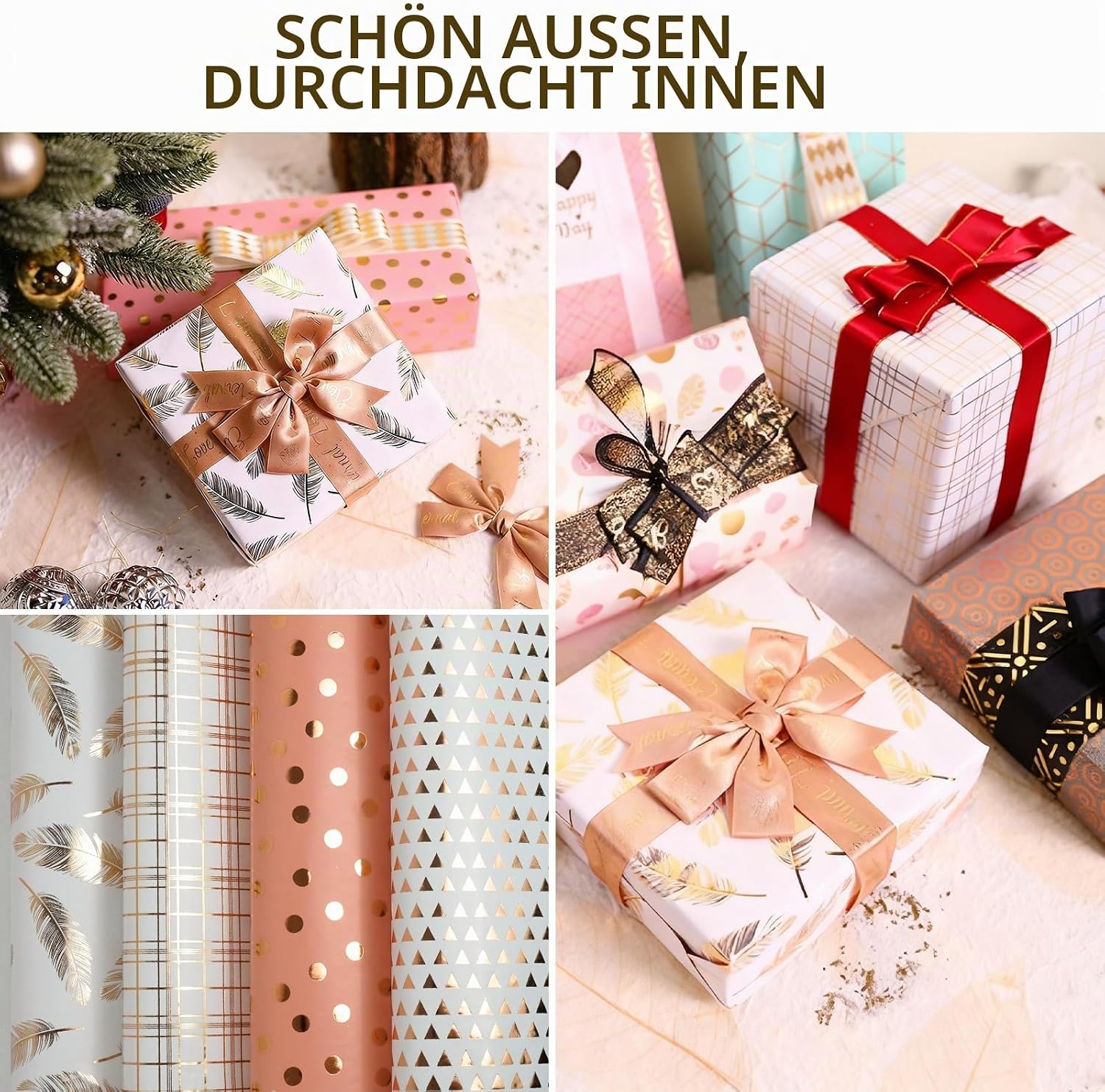 Detalle de KNJOMZIE Geschenkpapier Set 8 Blatt 70x50 cm – Weiß-Goldfolie, hochwertiges Kupferpapier