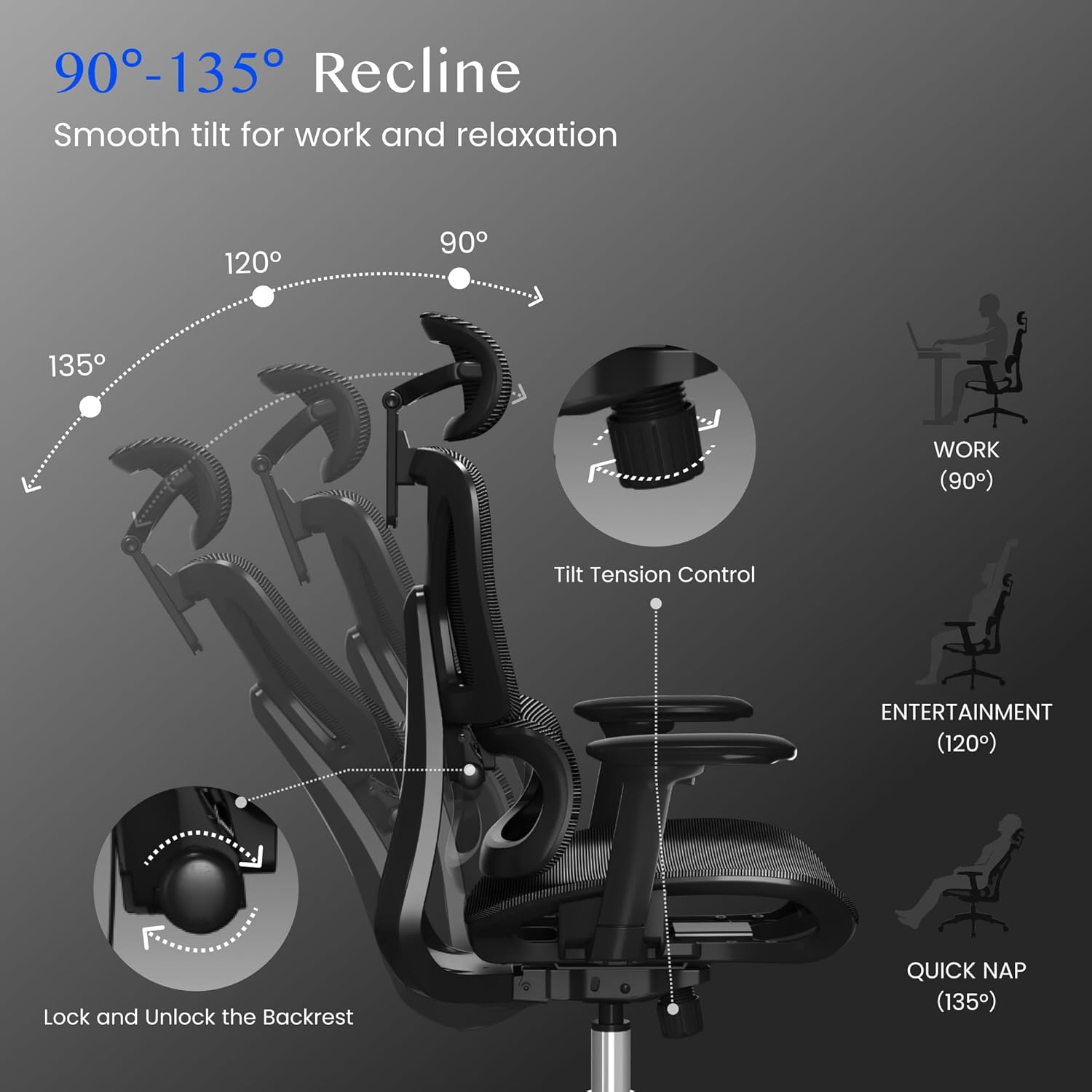 Thumbnail 5 de FLEXISPOT ErgoX Chaise de bureau ergonomique en maille pivotante avec repose-pieds, accoudoirs 3D et soutien lombaire indépendant (gris)